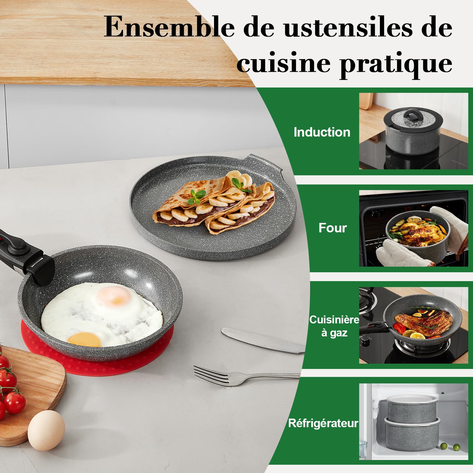 Batterie de cuisine induction 16 pièces 20cm/28cm poignées amovibles empilable antiadhésif céramique sans PFAS gris