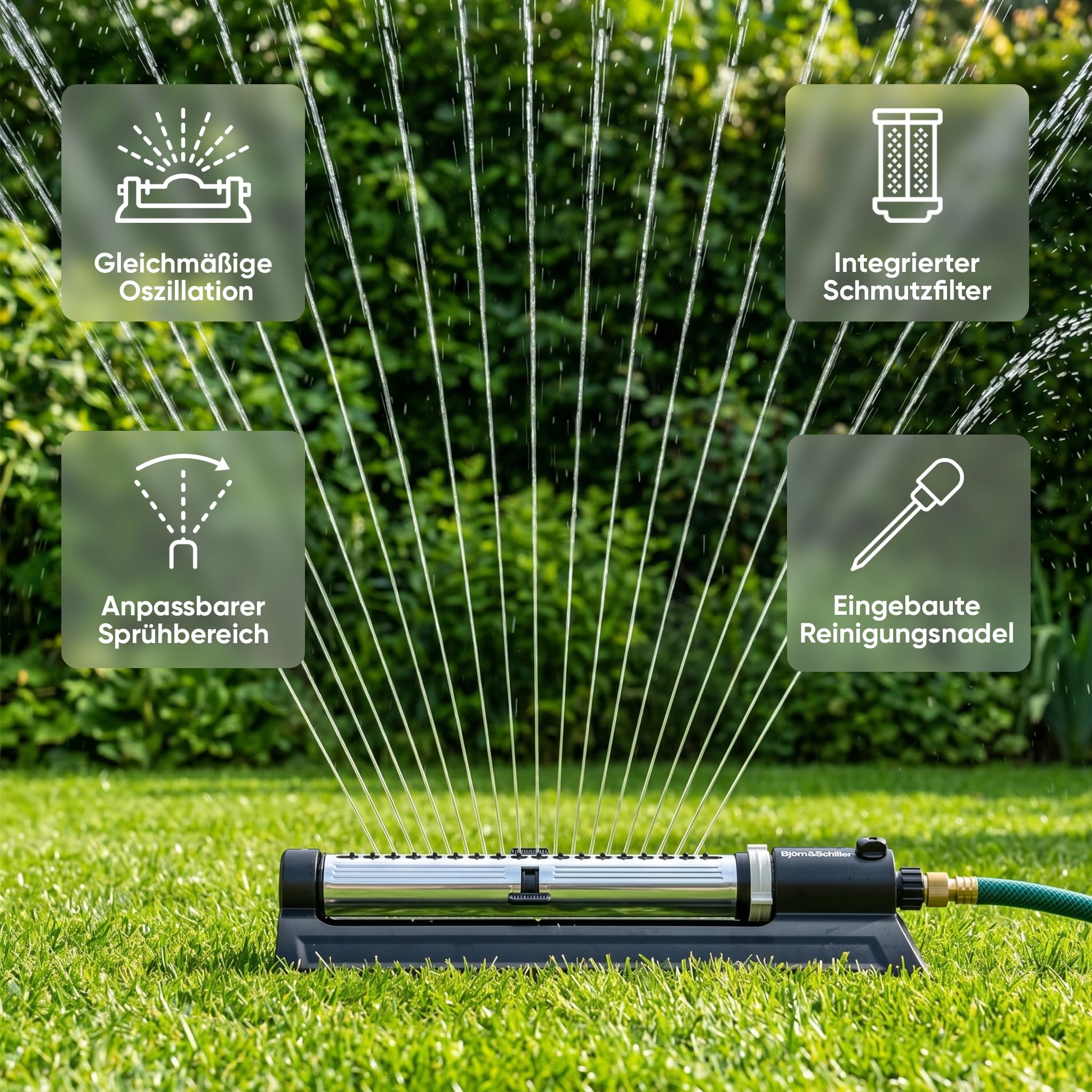Björn&Schiller Oszillierender Rasensprenger, Viereckregner mit 18 Düsen, Einstellbarer automatischer Gartensprenger, Bewässerungsfläche bis zu 180 m², Sprinkler für Gartenbewässerung, inkl. Filter