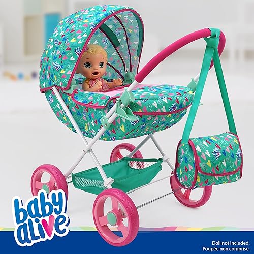 Miniatura 2 de Baby Alive Cochecito de muñeca clásico de lujo, verde, rosa, corazones, accesorio para muñecas de hasta 18 pulgadas, bolsa de hombro a juego,