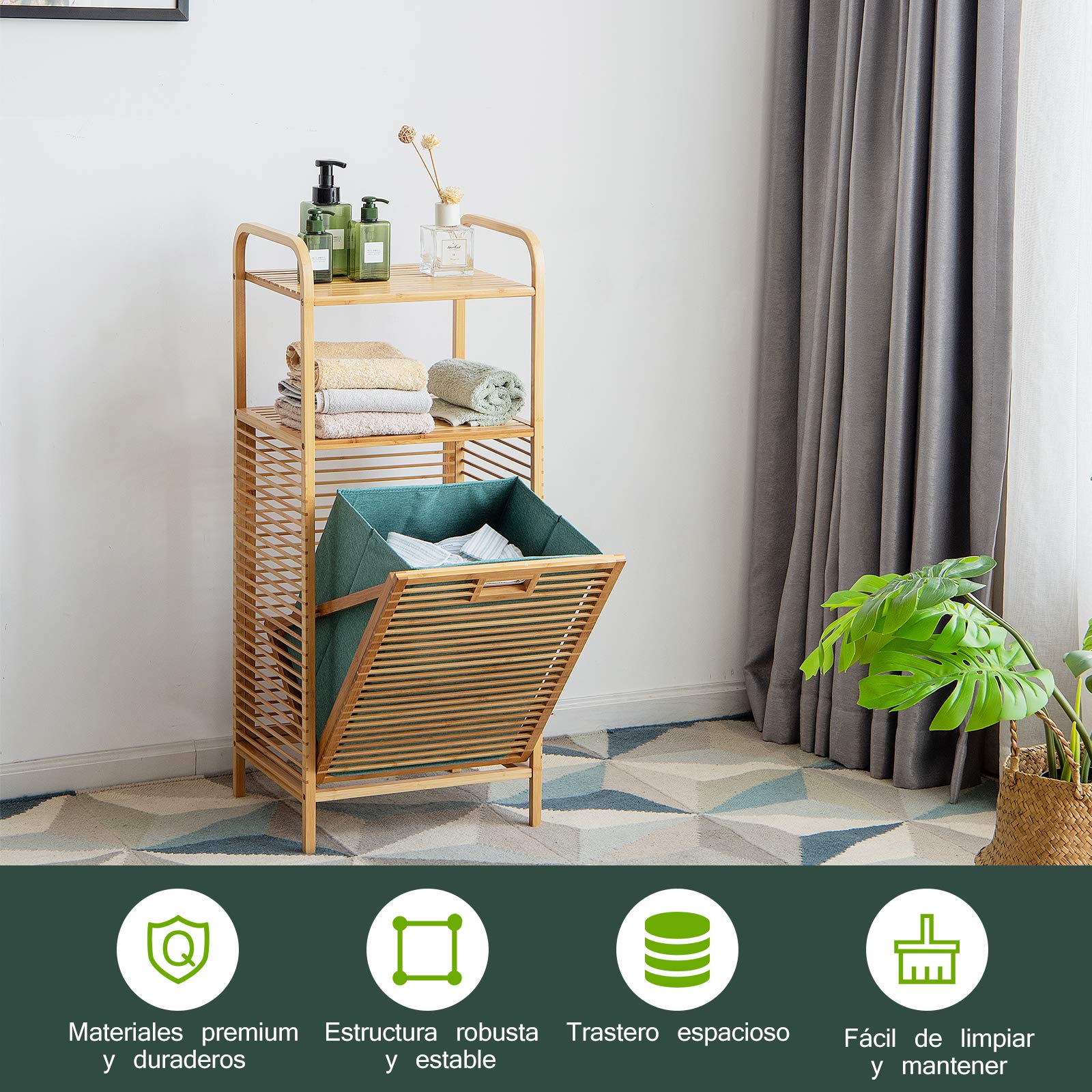 COSTWAY Estantería de Baño con Cesto para Colada, Mueble Ropa Sucia, 2 Estantes Abiertos para Baño Lavandería y Armario, 40,5x33x95,9 cm