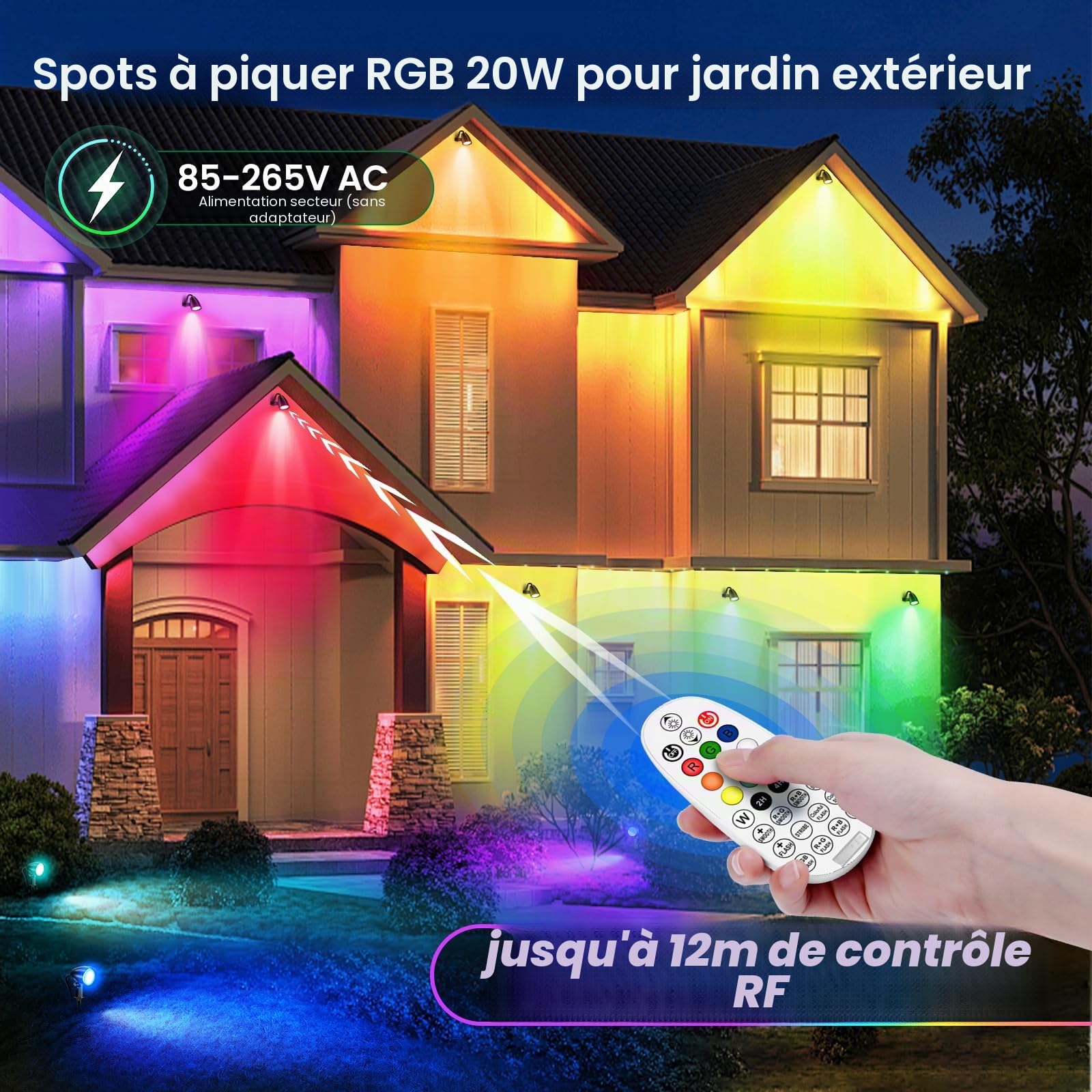 LINKE Spot LED Extérieur RGBW Télécommande 20W 2PC 1880LM Blanc Froid 6500K 10 Couleurs/30 Modes/6 Luminosités Réglables IP66 Étanche Éclairage Extérieur LED à Piquer pour Jardin, Terrasse, Chemin