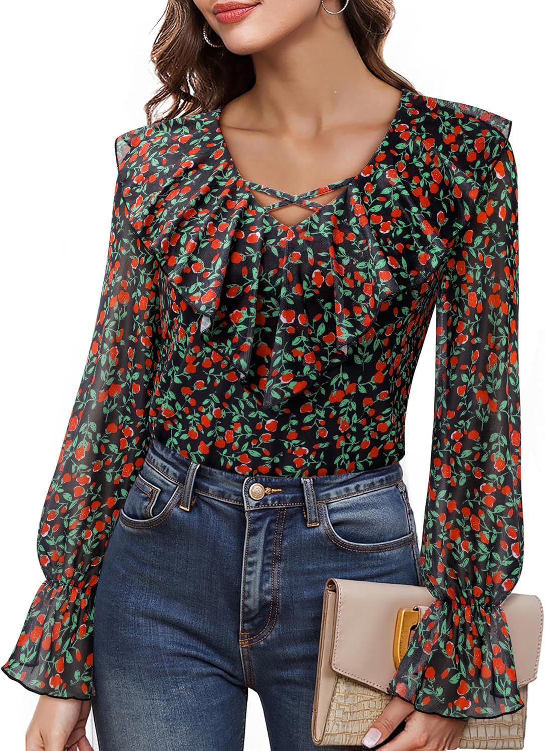 Lotusmile Women's Dressy Casual Ruffle Tops Double Layered Long Sleeve Shirts V Neck Blouses for Women Work Party - Image 2