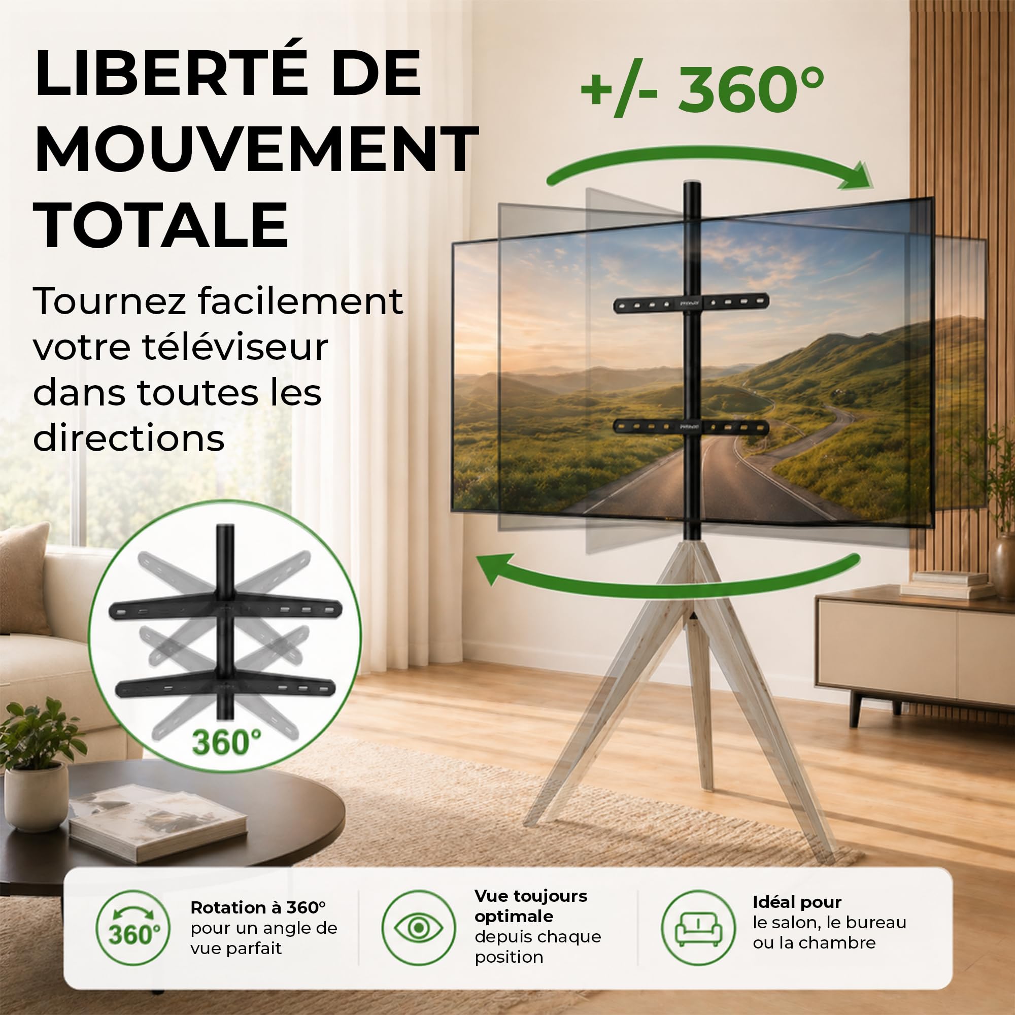 Meuble TV XTRARM Argo Tripod, Hauteur jusqu'à 140 cm, Rotatif à 360 degrés, pour téléviseur d'environ 32 à 65 Pouces, jusqu'à 40 kg, Maximum VESA 400x400mm, Meuble TV en Bois véritable