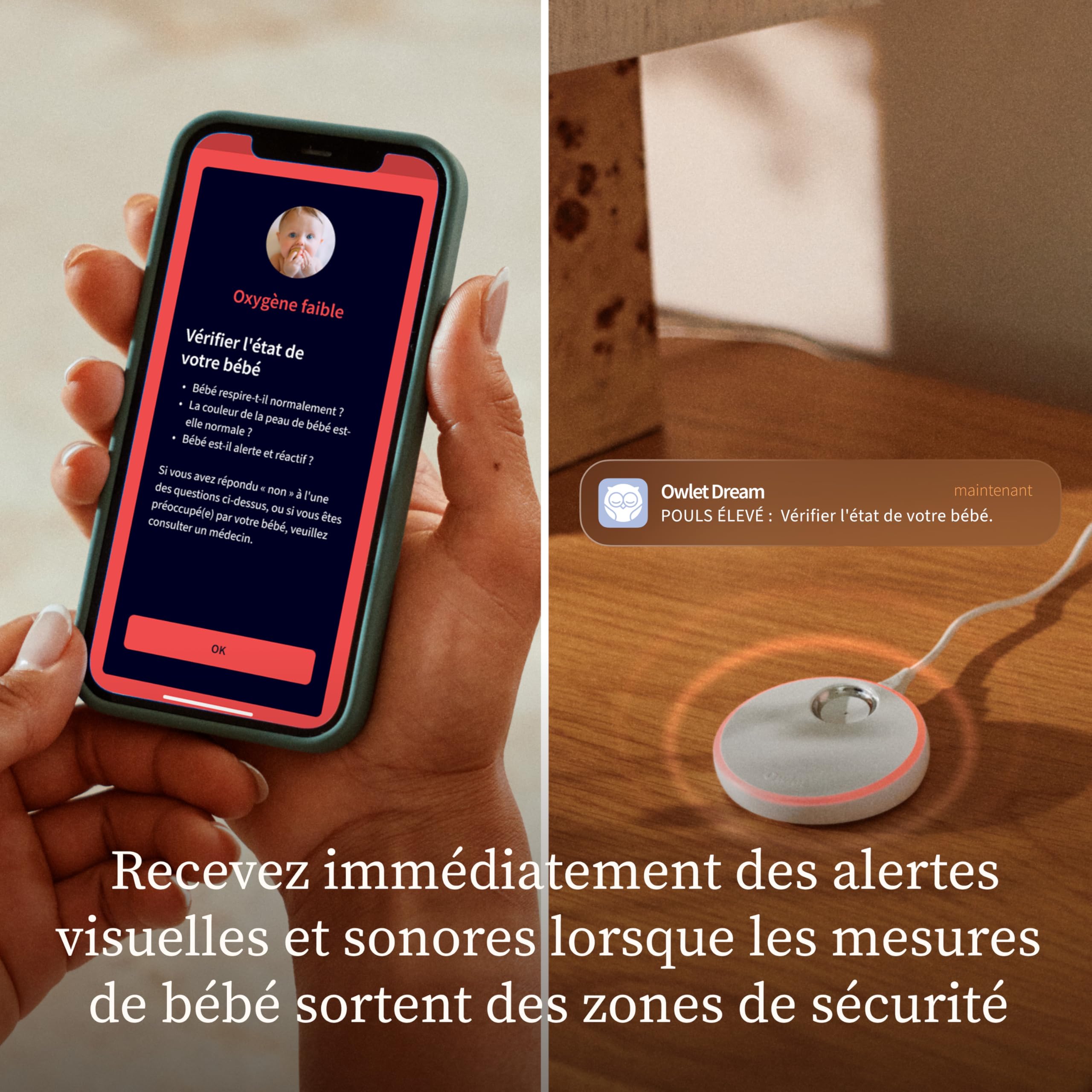 Owlet Dream Sock® Dusty Rose - Système de Surveillance Intelligent pour bébé - Suivi en Direct de la fréquence cardique et de l'oxygène du Nourrisson