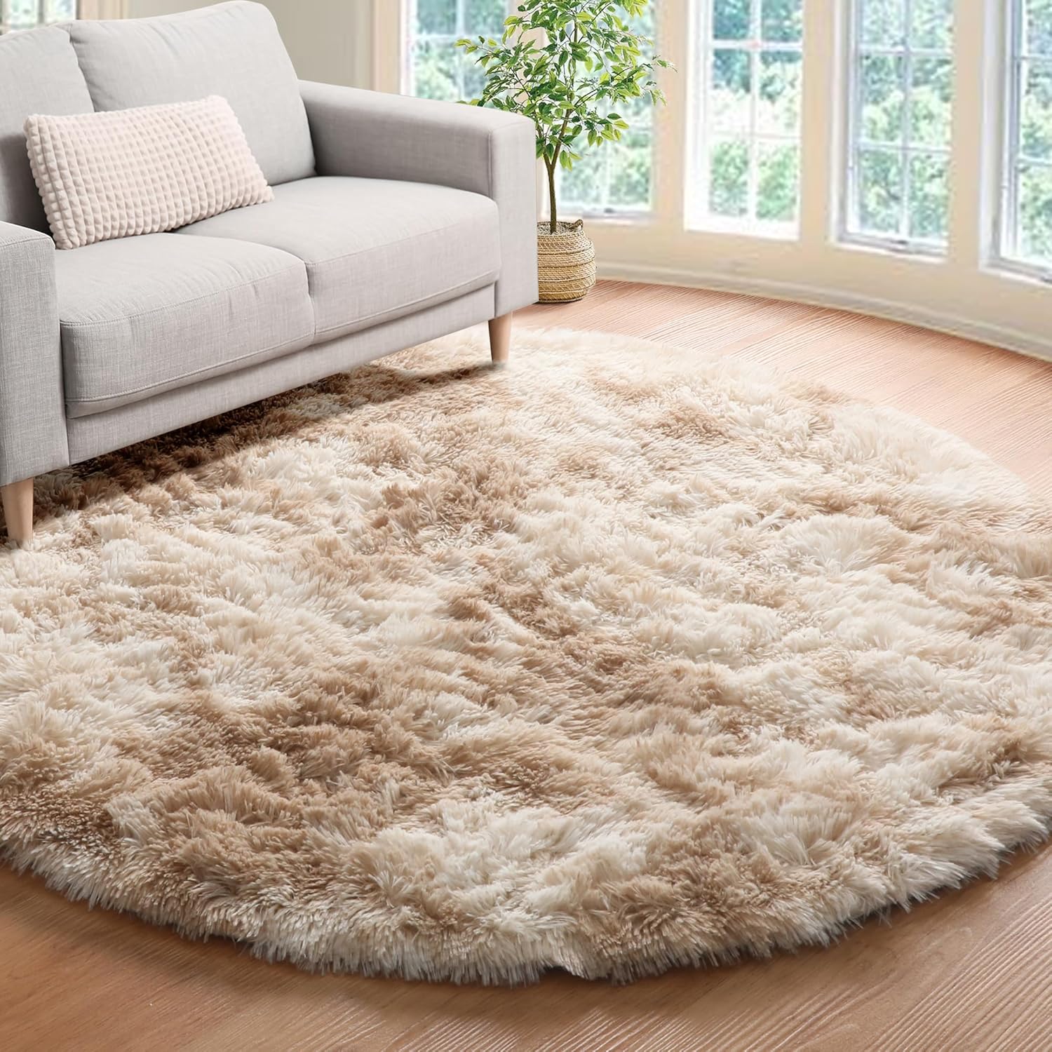 ONASAR Tie-Dye Beige Round Area Rug 4ft, Soft Bedroom Circle Rugs Floor Mats for Kids Girls Teen Room, Kawaii Fluffy Plush Shaggy Carpet for Baby Nursery Living Room Playroom Home Decor 4' (Round) Tie-dyed Light Beige