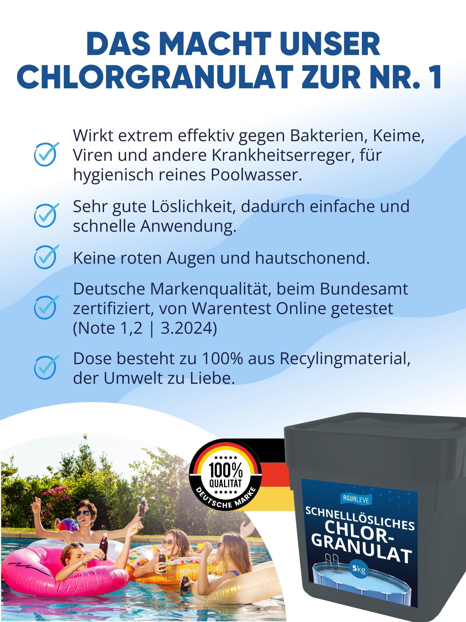 AGUALEVE® Chlorgranulat schnelllöslich 5kg *NEU* | Sichere und schnelle Desinfektion | Für Pools, Aufstellpools, Whirlpools, Planschbecken | Deutsche Markenqualität | mit Note 1,1 getestet
