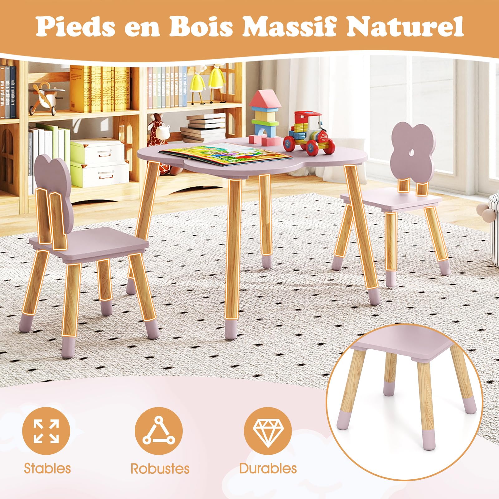 COSTWAY Table Enfant avec Chaise en Forme Fleur, Table et 2 Chaises Enfant avec Pieds en Bois de Pin, Petit Bureau pour Jouer Manger Dessiner, Charge 18/23kg pour Fille et Garçon de 3 Ans+ (Rose)