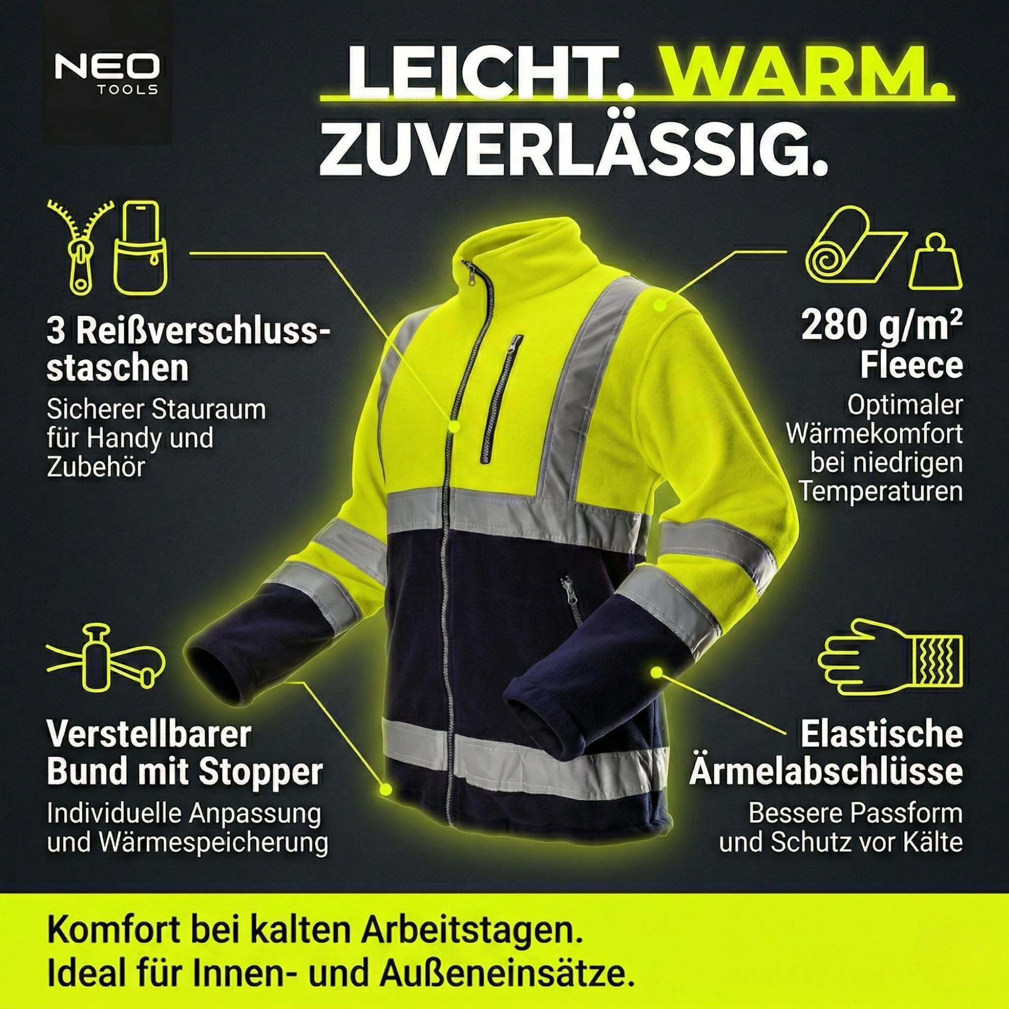 NEO TOOLS Herren Set Warnschutz-Arbeitshose + Arbeits Fleece Jacke | Hose wasserfest (Wassersäule 8000 mm) Hose aus Softshell mit Fleece-Innenfutter, Gelb, S-2XL
