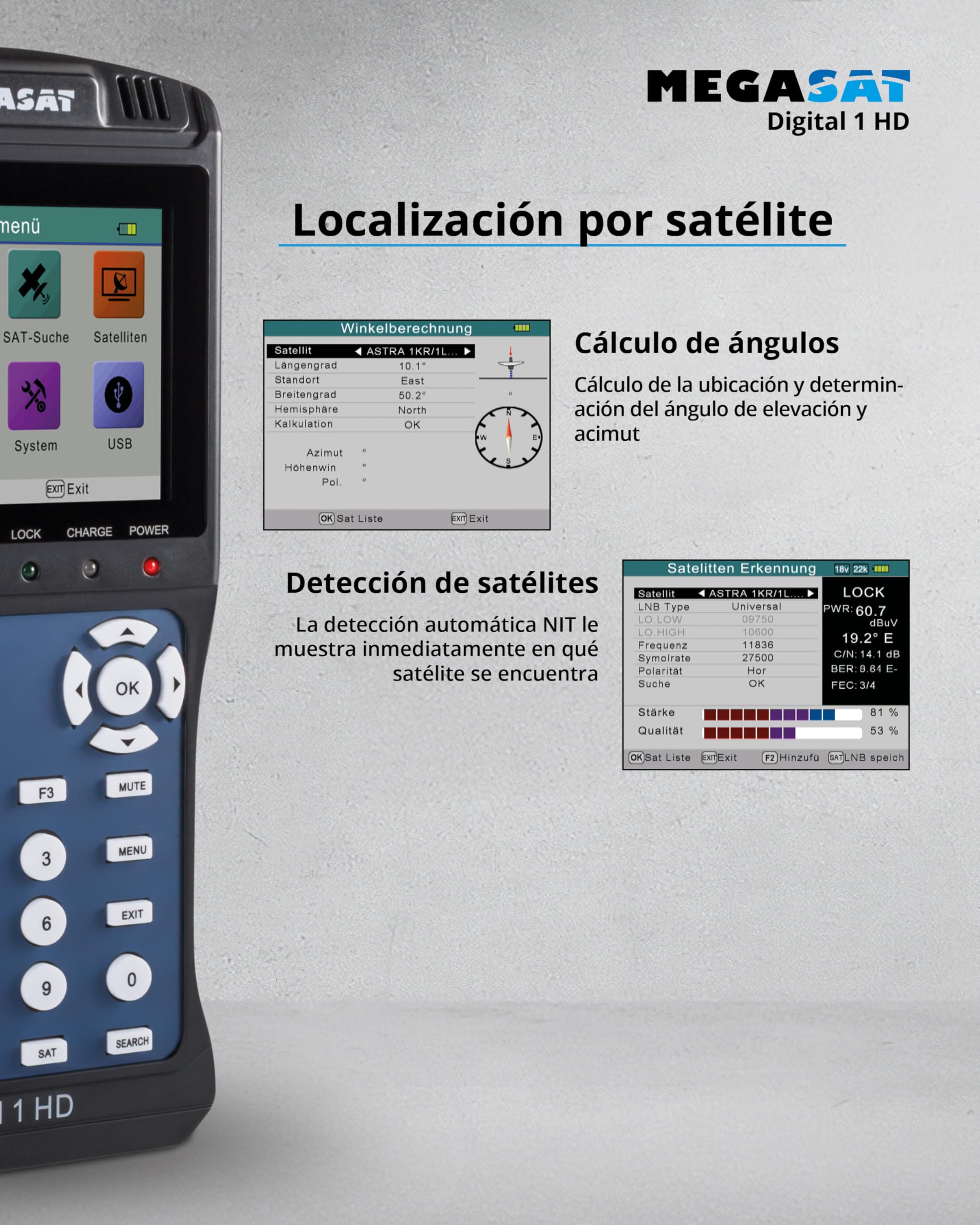 Megasat Digital 1 HD – Medidor de señal satélite, Imagen de TV en Directo | Para DVB-S & DVB-S2, pantalla a color de 3,5", Unicable, batería