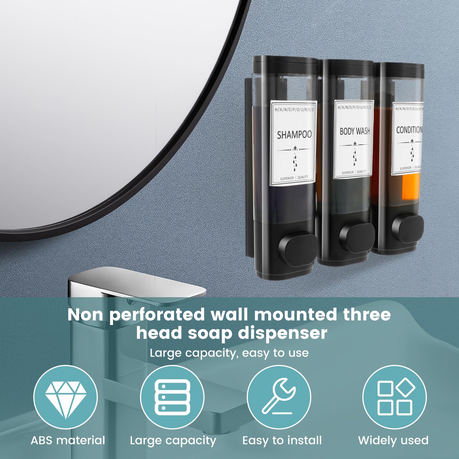 Shampoo and Conditioner Dispenser, Shower Dispenser 3 Chamber No Drill, Shower Soap Dispenser Wall Mounted, Dispensers for The Shower