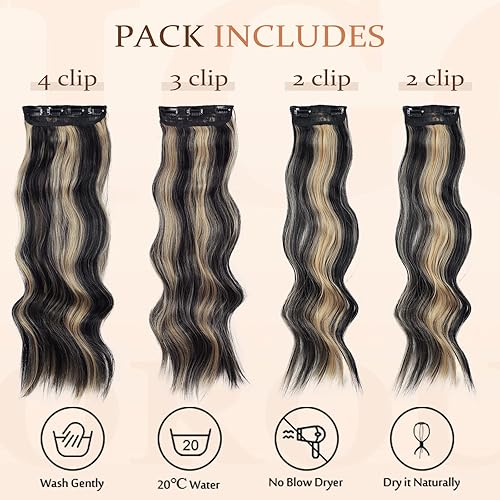 Vigorous Extensiones de cabello ondulado para mujer, mezcla negra, rubia, extensiones de cabello largo con clip, extensiones de cabello sintético