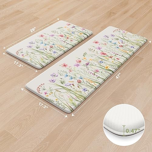 Miniatura 3 de KIMODE Juego de 2 tapetes de cocina antifatiga para piso, tapetes de cocina florales de granja, antideslizantes, tapete acolchado para fregadero,