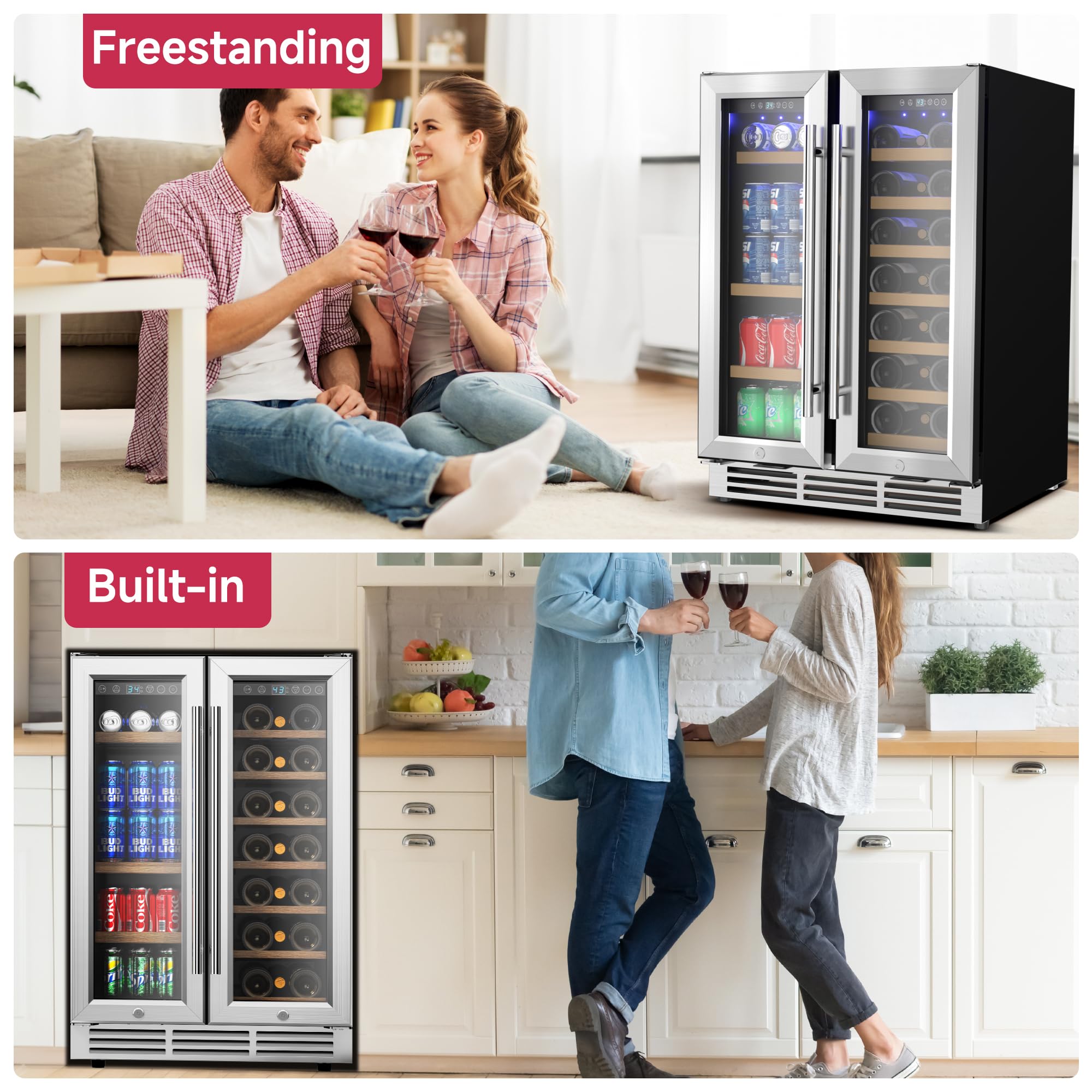 Icyglee 24" Wine And Beverage Refrigerator, Dual Zone Wine Cooler With Glass Door, Hold 88 Cans & 21 Bottles, Built In Or Freestanding Under Counter Wine Fridge With Blue LED Light. on Fridge.com - View 6