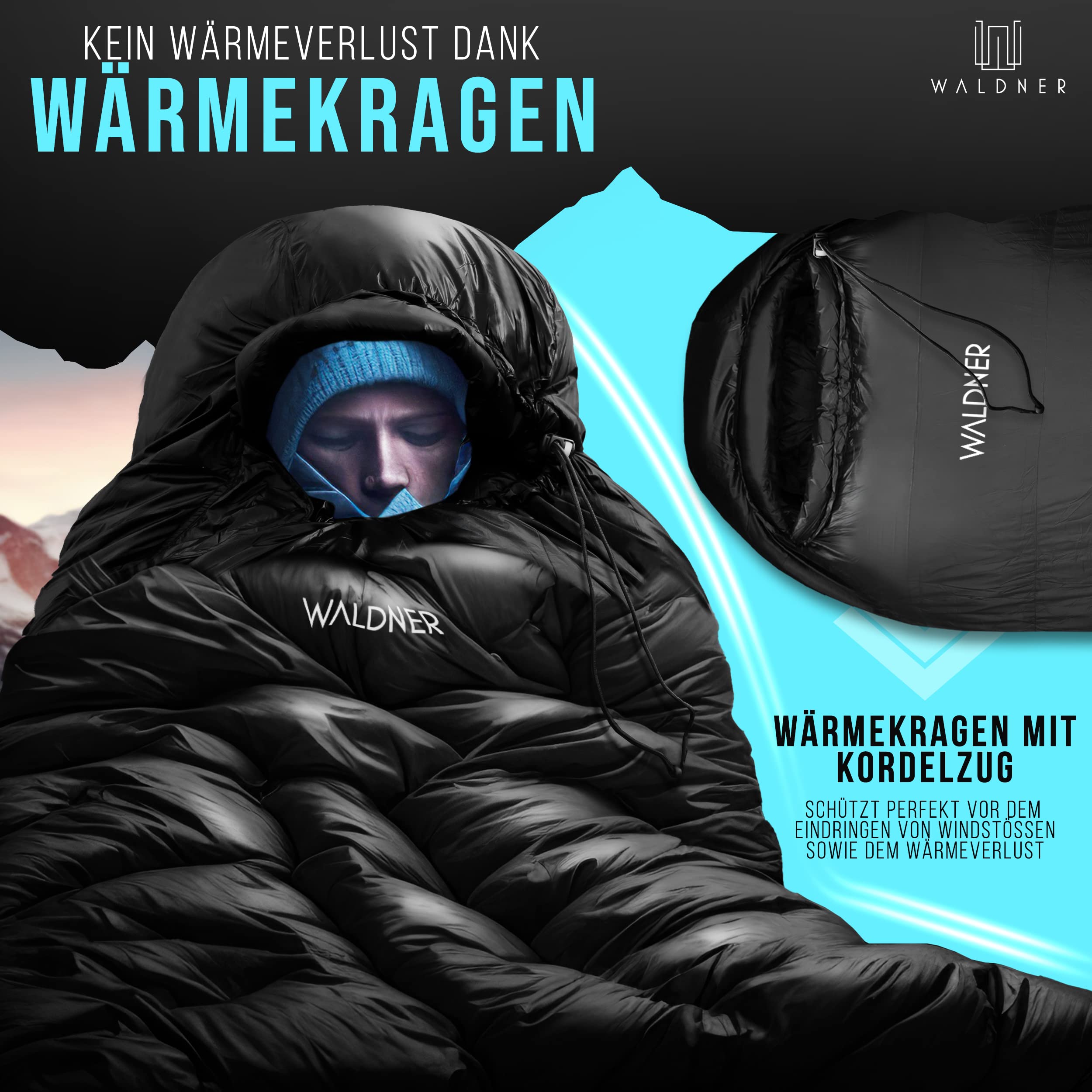 WALDNER Daunenschlafsack Ultraleicht, kleines Packmaß, 4 Jahreszeiten, 800g Daunen, 600FP Bauschkraft, Schlafsack Outdoor und Camping, leicht & warm