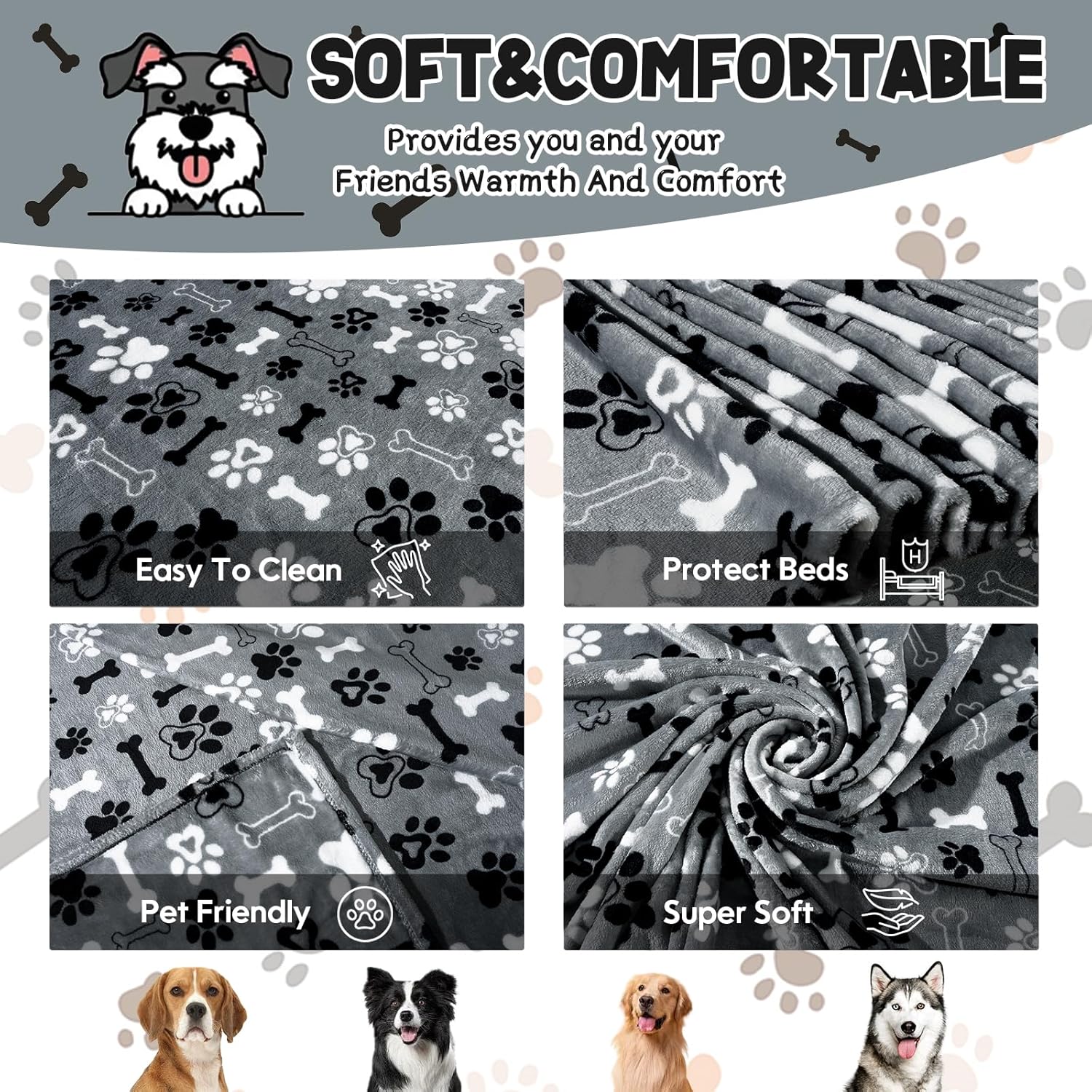 Rezutan Dog Blankets for Large Dogs Cat Super Soft Warm Fluffy Blankets Washable,Comfort Flannel Print,Fuzzy Soft Pet Blanket,Paw & Bone,Suitable for Sofa,Car,Bed,Grey,50 x 60 inch