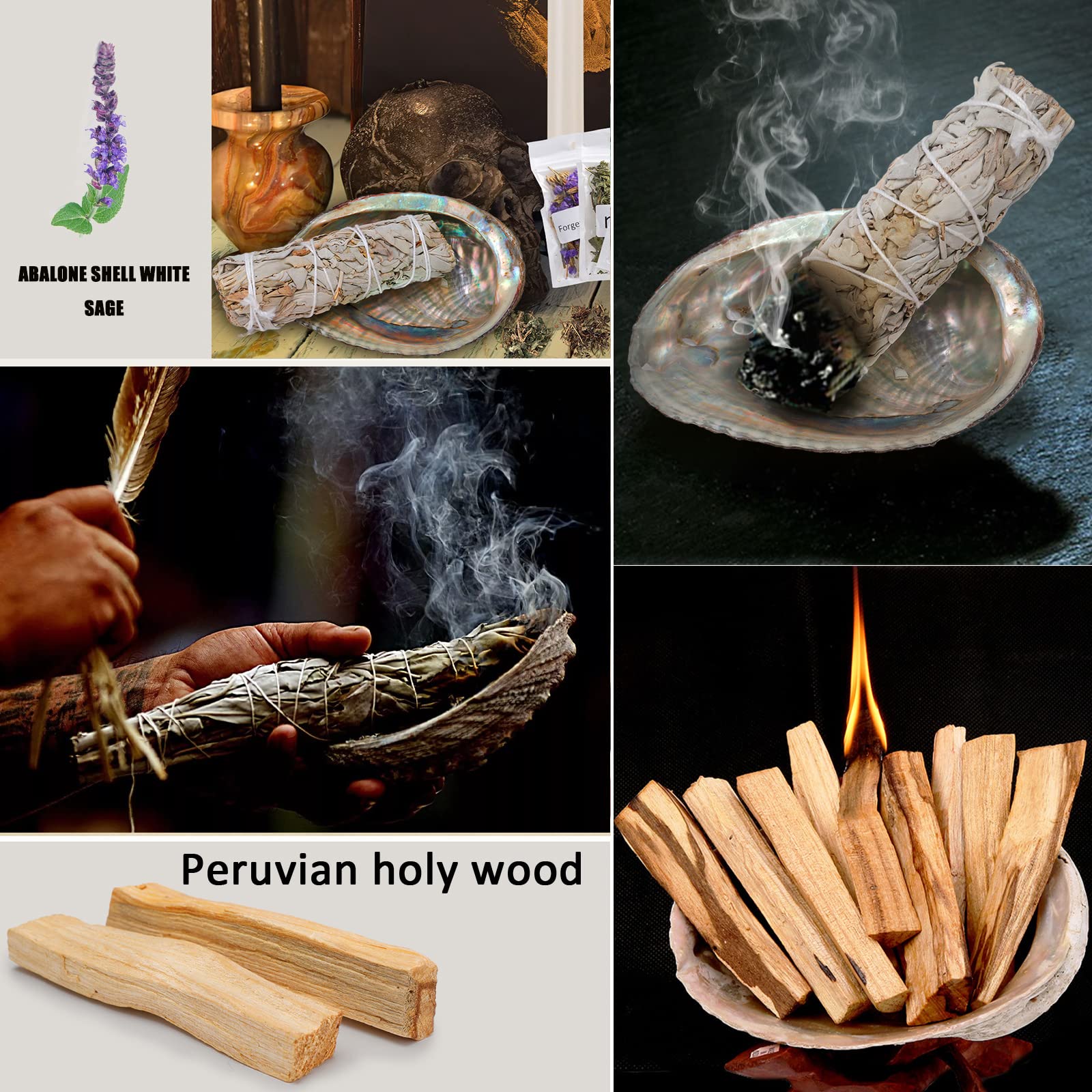 FAMKEEP White Sage Palo Santo Coquillage d'ormeau Encens Naturel Nettoyage énergétique Anti Stress méditation