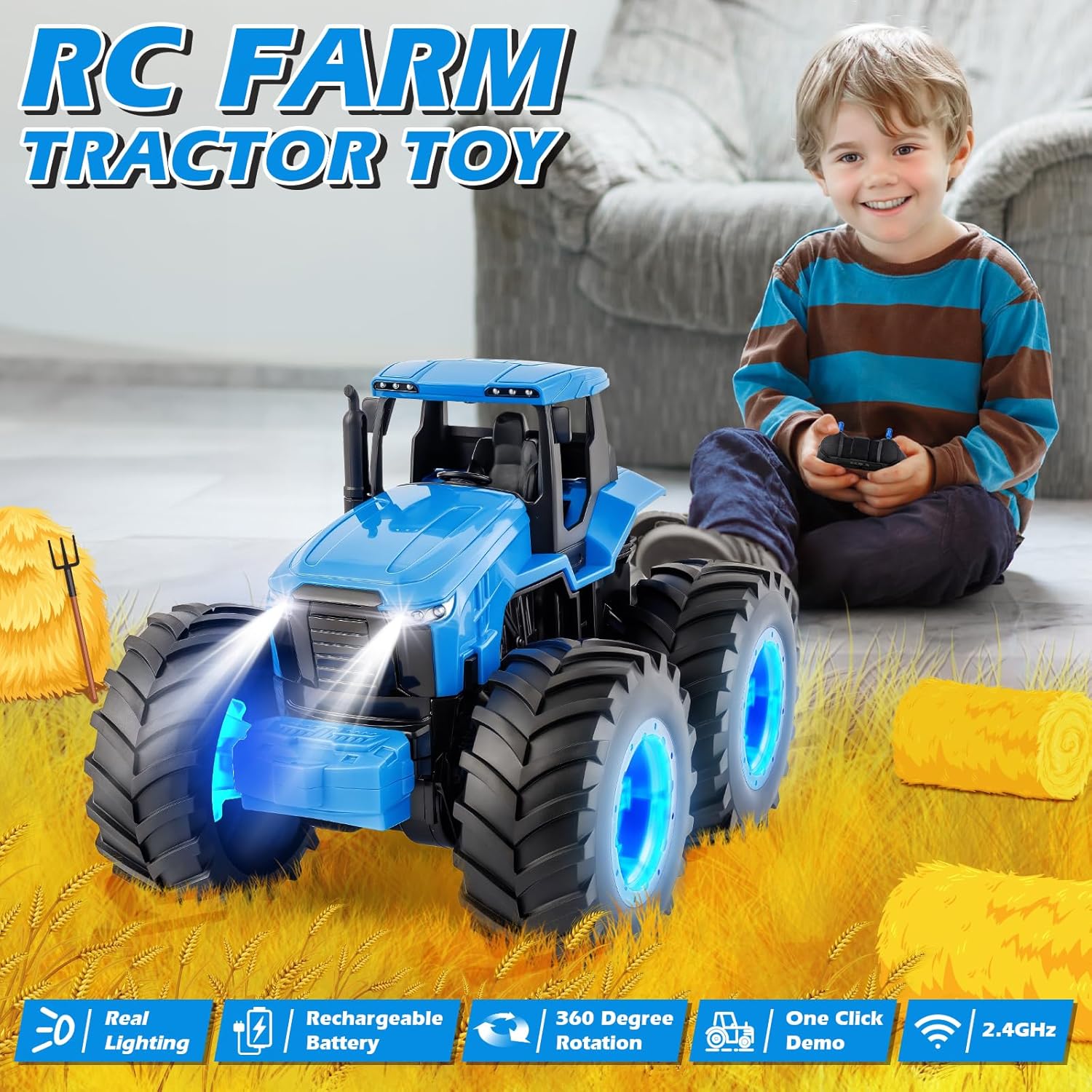 Remote Control Monster Tractor Toy for 3, 4, 5, 6, 7 years old, Blue Light Up Monster Trucks Toy with LED Lights Toddlers RC Farm Vehicle Toys for Boys ＆ Girls Ideal Christmas, Birthday Gifts for Kids