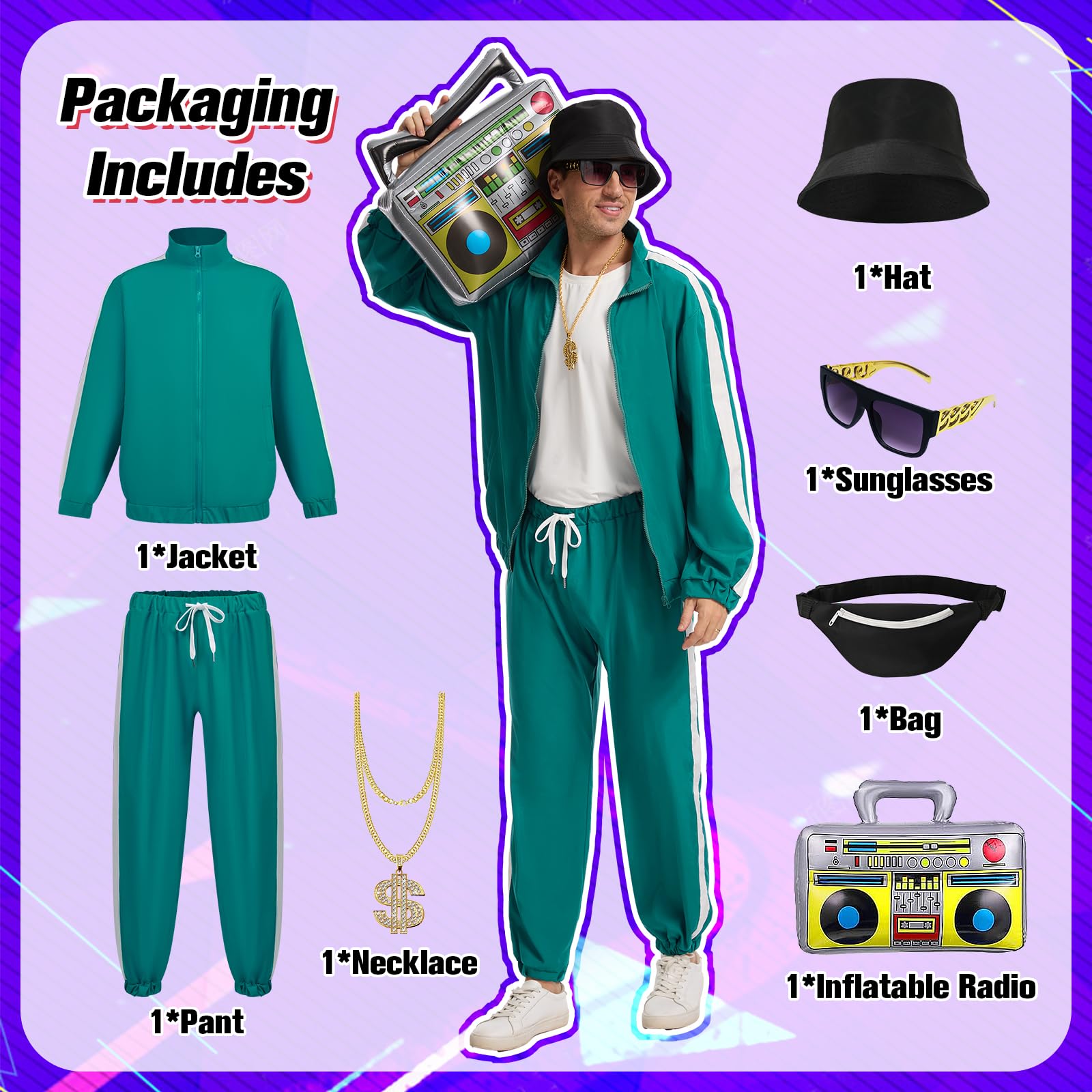 JDFAIJEAL Hiphop Costume Set for Men, Black Tracksuit with Hat, Glasses, Gold Round Necklace, Fanny Pack & Boombox Balloon - Image 2