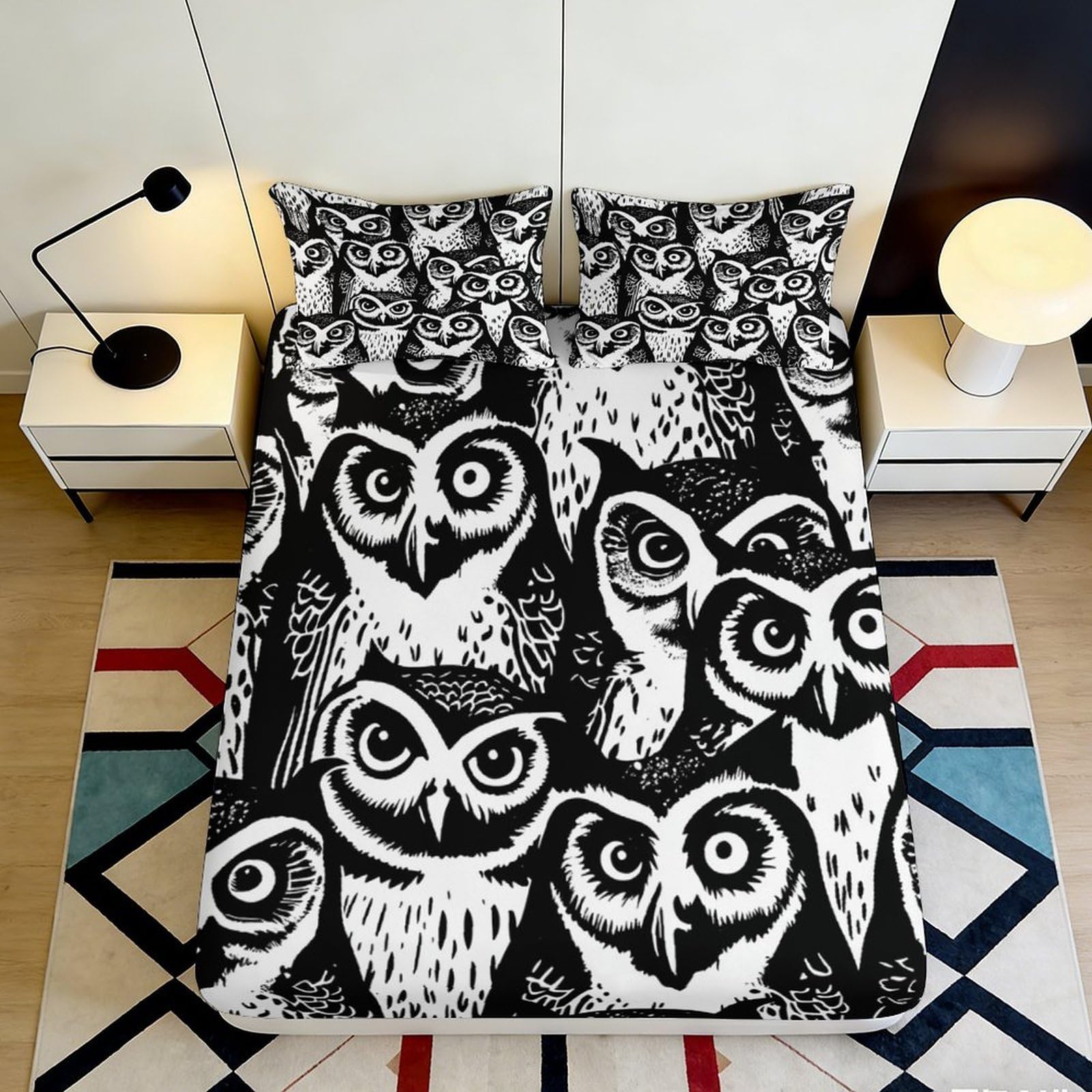 Dhbaneiok Style-2 3D Printed Black Owl Fitted Sheet Microfiber Soft Decorative White Owl Bed Cover For Bedroom Dorm Mattress Protection 90X200x25cm