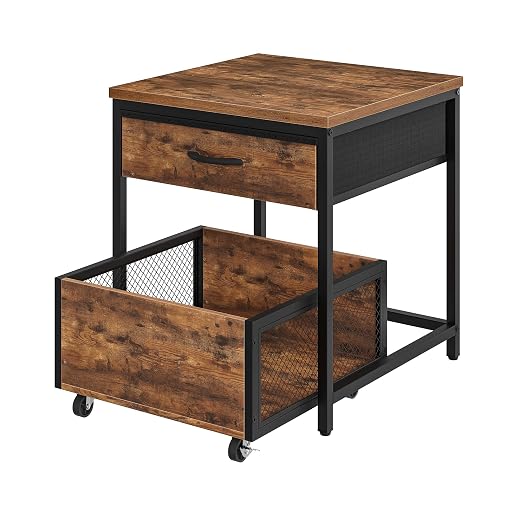 CHOEZON End Table, 19.7 Inch Square Side Table, Mini Fridge Stand with Storage, Nightstand with Mobile Basket Cart, for Living Room, Bedroom, Rustic Brown and Black TBZ55BF