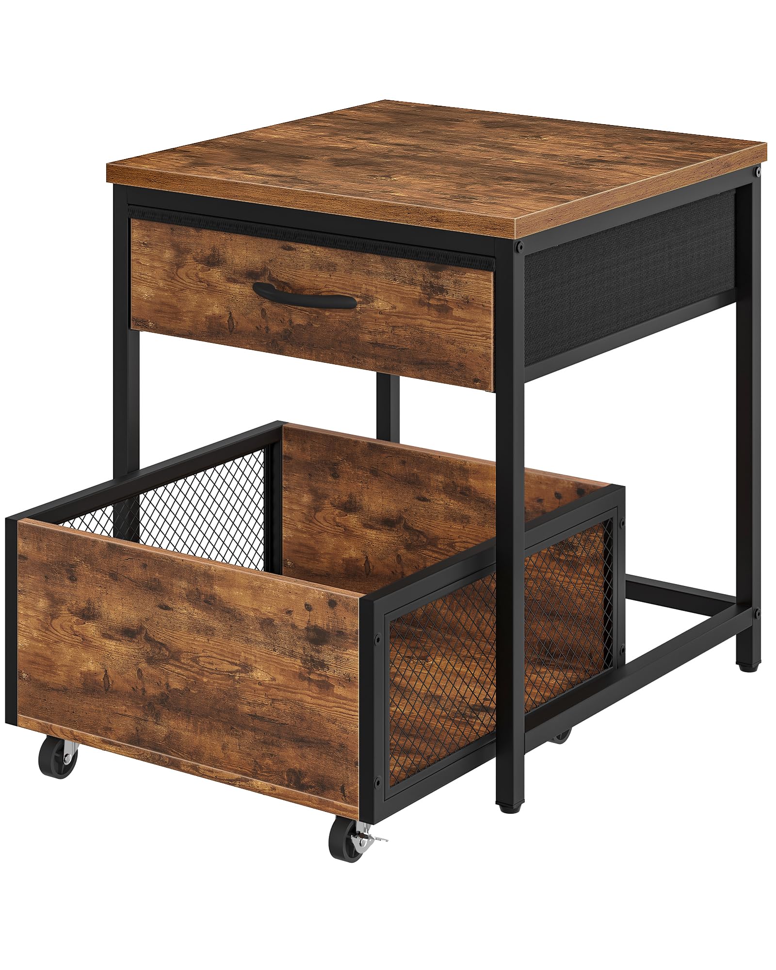 CHOEZON Mini-Kühlschrankständer mit Beweglichem Korb, Multifunktionale Beistelltische, Mini-Kühlschranktisch, Kühlschrank Unterschrank für Büro und Schlafzimmer, Vintagebraun und Schwarz DTBZ55BF