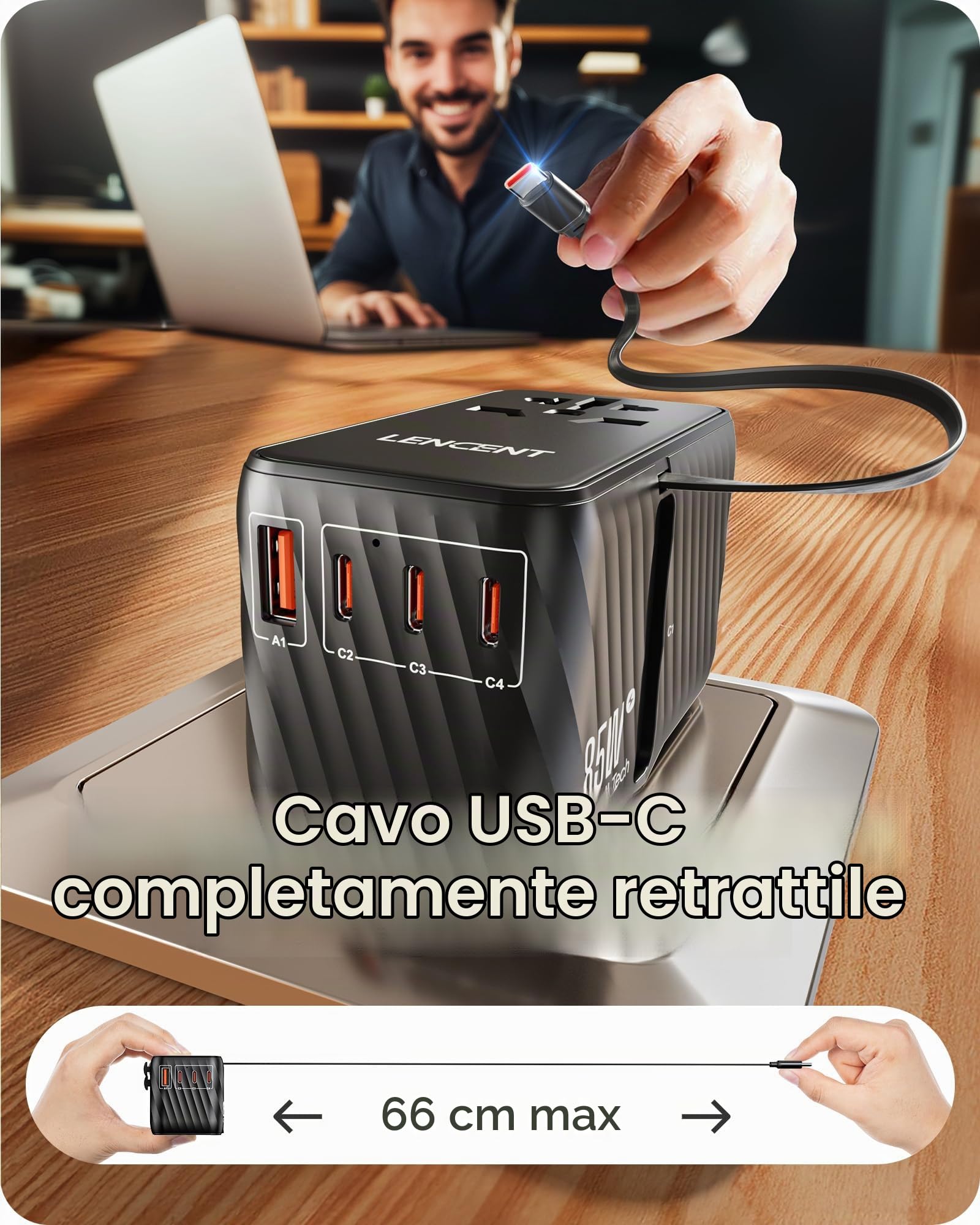 LENCENT GaN 85W Adattatore Universale da Viaggio con Cavo USB C Retrattile | Adattatore Spina Internazionale con 3 USB-C e 1 USB-A Ricarica Rapida, Spina Presa Mondiale per EU a Stati Uniti, UK, AUS