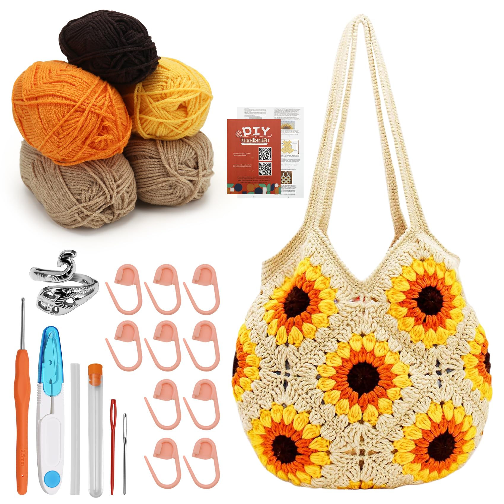 Micvtve Crochet kit for Beginners, Crochet Kit for Tote Bag Granny Square Crochet Tote Bag with Step-by-Step Video Tutorials Knitting Kit Beginner Crochet Kit for Adults (Sunflower)