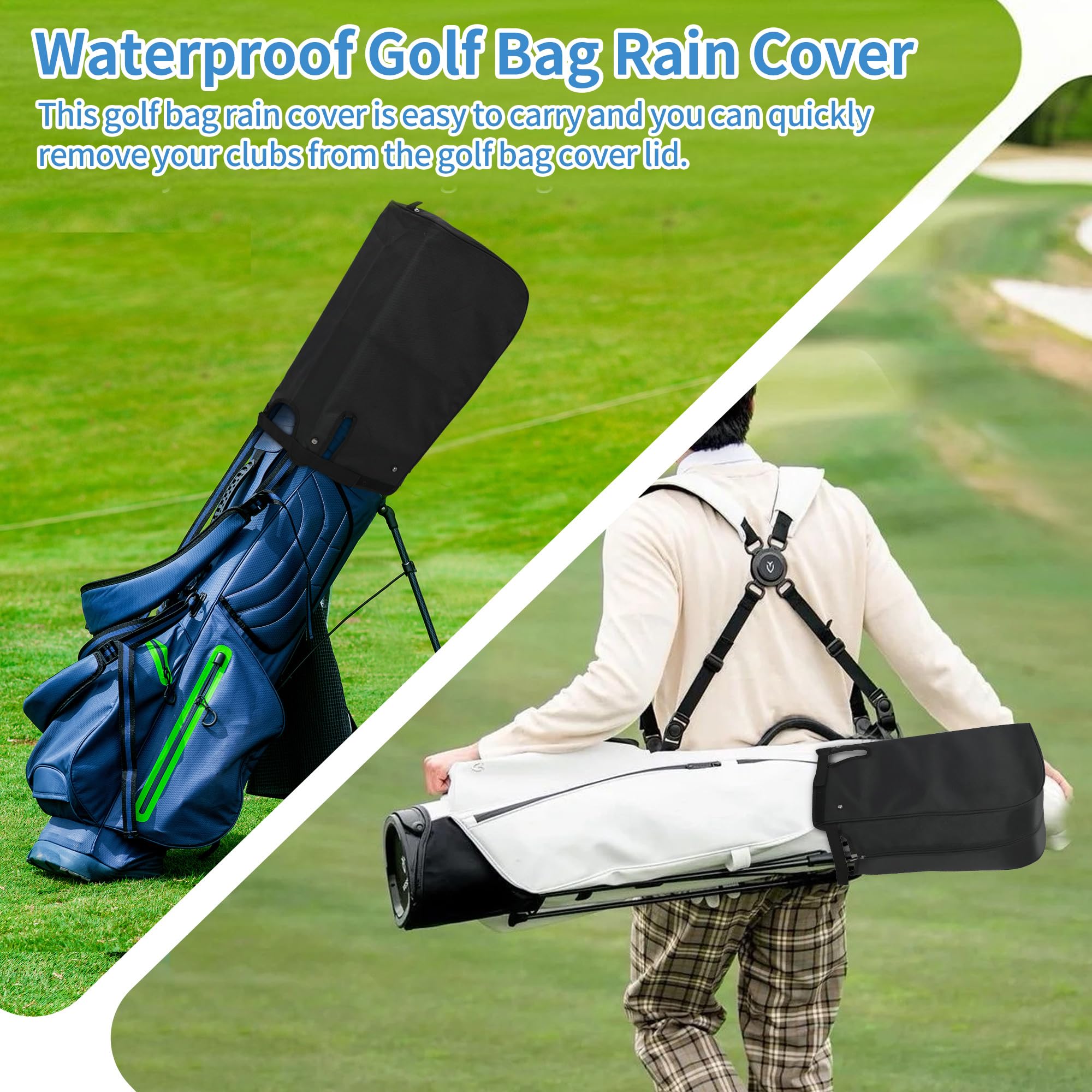 ohbien Housse de pluie imperméable universelle pour sac de golf avec sangles à boucle fixe, tissu Oxford 900D, accès facile, s'adapte à la plupart des sacs de golf et chariots de transport