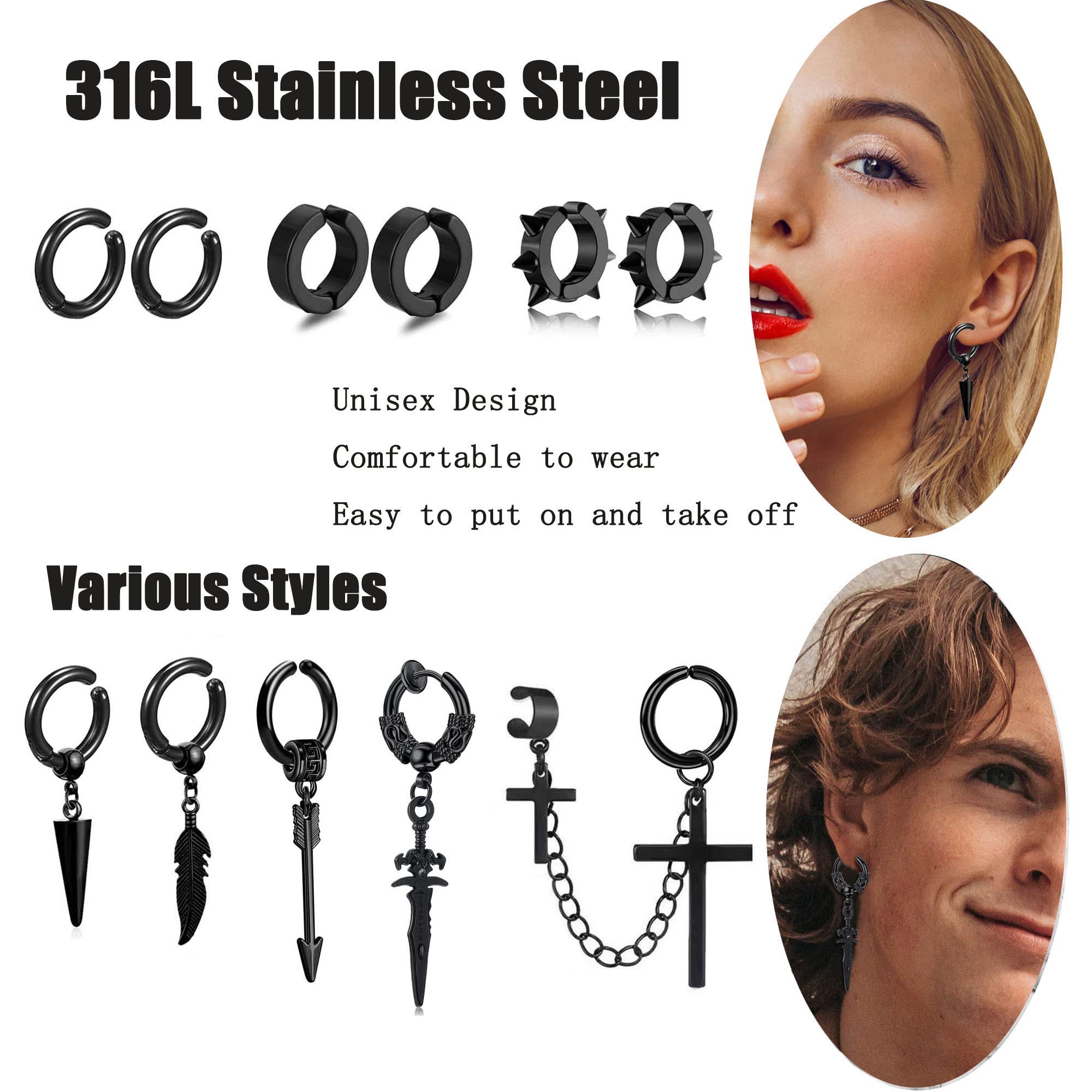 20 Pezzi Magnetici Orecchino Finto in Acciaio Inossidabile Piuma Croce Pendente Clip Orecchino Cerchio Orecchino Orecchini Magnetici Uomo