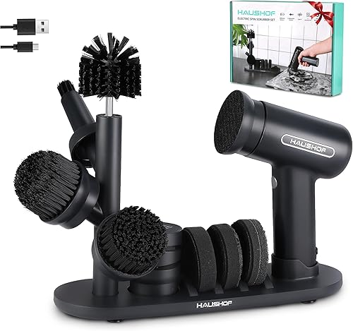 HAUSHOF Limpiador eléctrico giratorio, cepillo de limpieza inalámbrico con 8 cabezales reemplazables y 3 velocidades para limpiar cocina, baño,