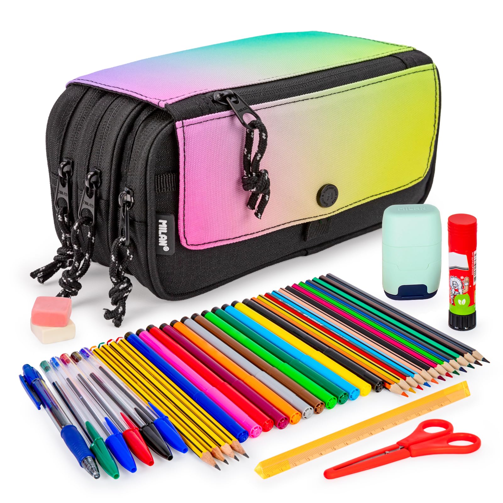 ColePack Sunset - Lote de Estuche Portatodo Triple con 3 Cremalleras y Material Escolar de Primeras Marcas Incluido (CPM-Sunset)