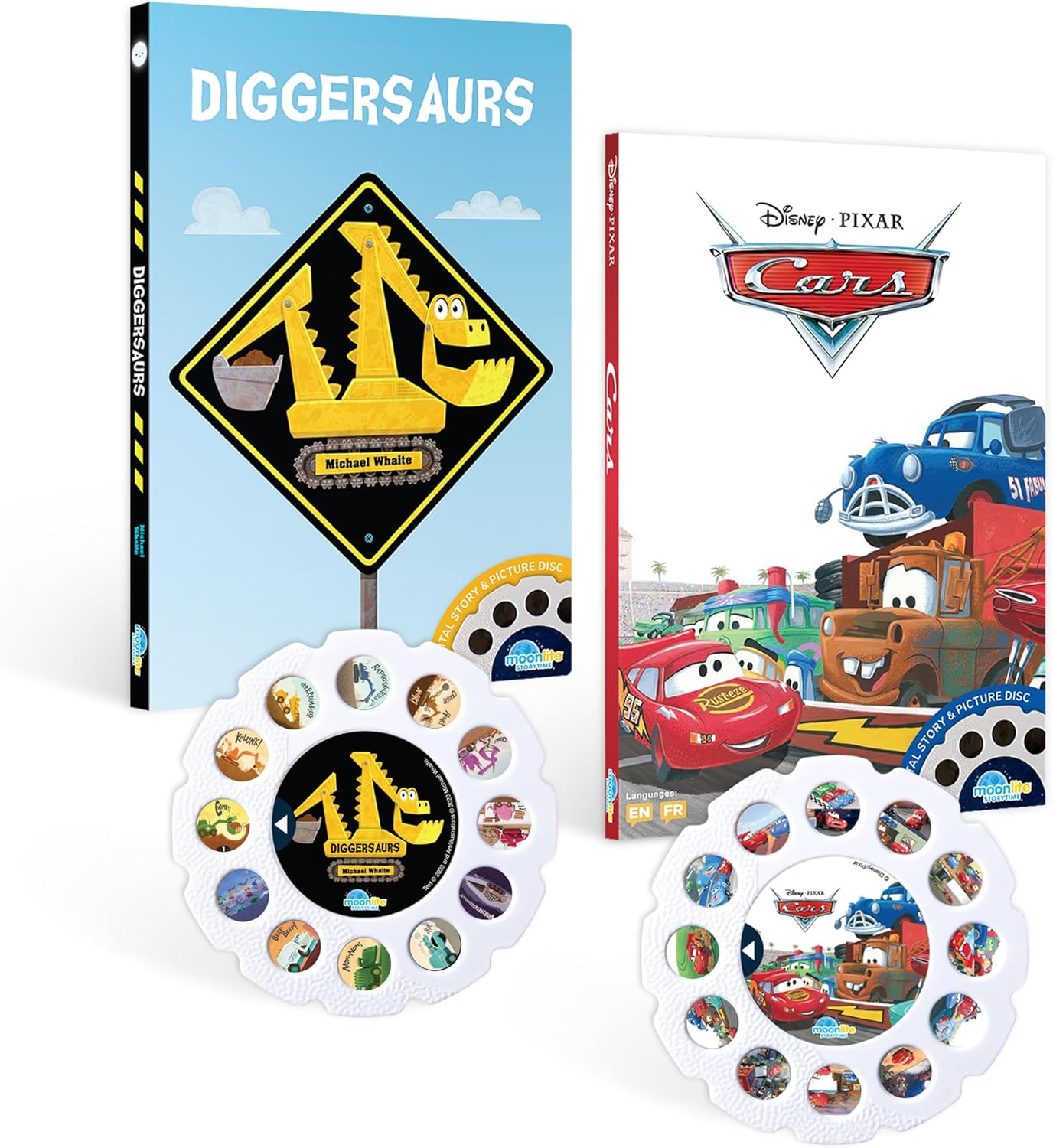 Moonlite Storytime 2-Story Bundle, Requires Moonlite Projector (Sold Separately), Cars and Diggersaurs, Vibrant Storybook Art Projections with Sound Effects & Music