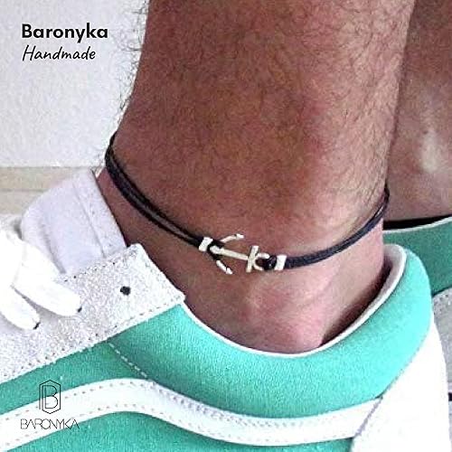 Miniatura 5 de Baronyka Men's Handcrafted Anklet, Wax Cord, Stainless Steel, Adjustable Length, Durable for Everyday Wear and Modern Look (Black Cord Anchor)