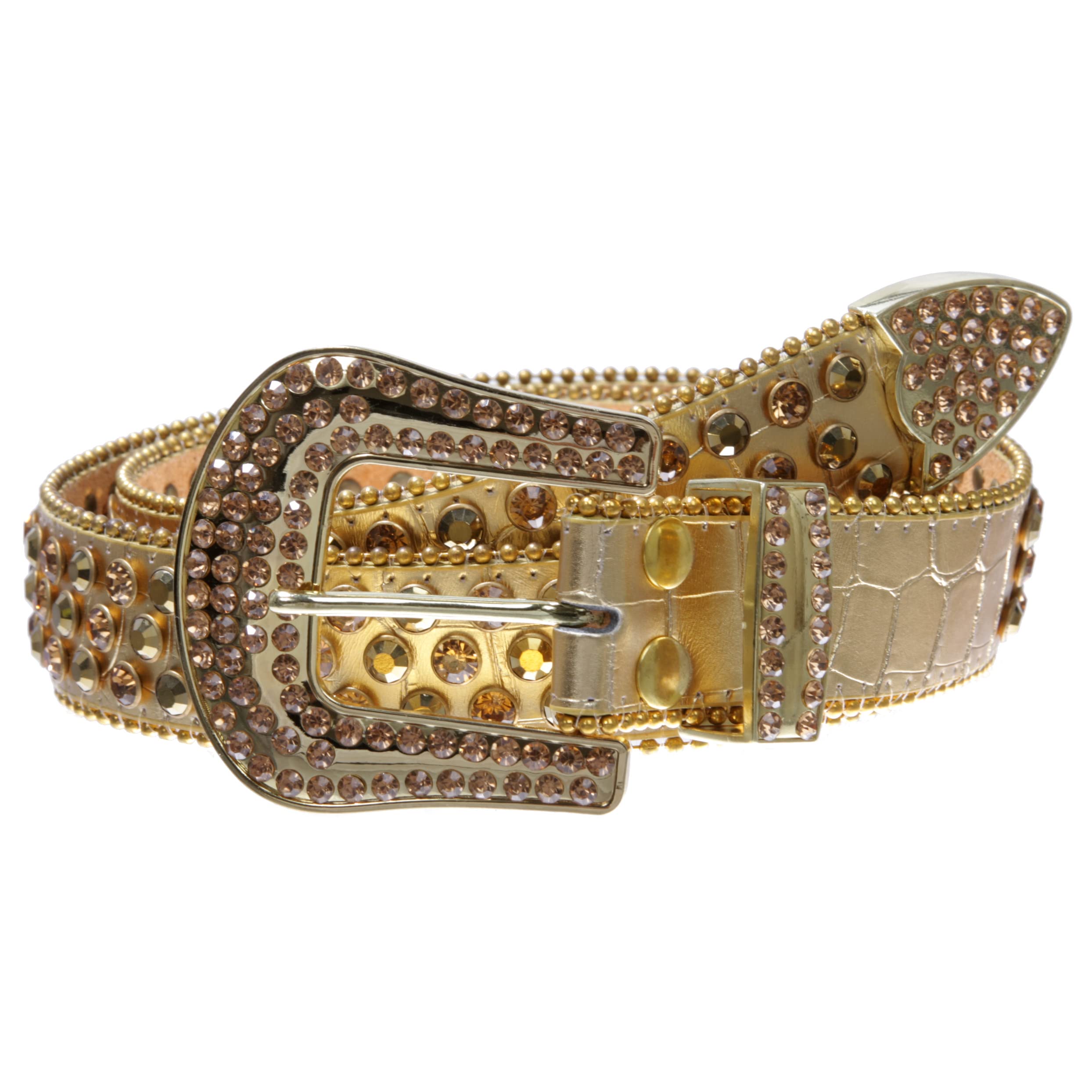 Cowboy Cowgirl Classic Western Rhinestone Bling Studded Diamond Leather Belt, gold/gold stone | m/l-38