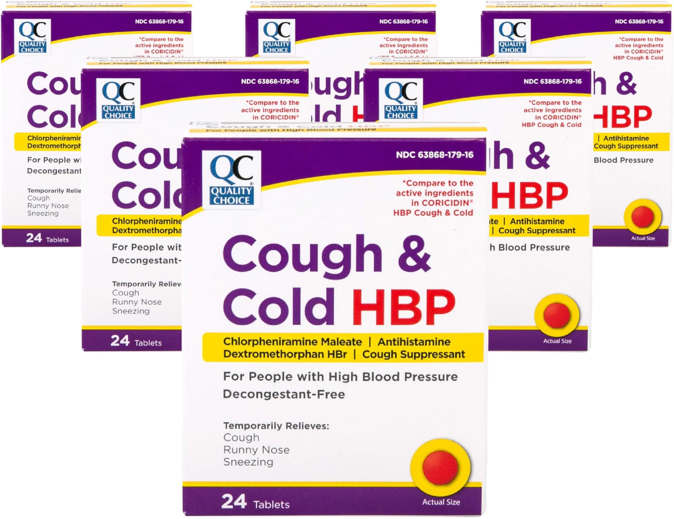 Quality Choice HBP Decongestant Free, Cough and Cold Medicine, High Blood Pressure Cold Relief, Acetaminophen, Gluten, & Sugar Free Tablets for Runny Nose, Cough, and Sneezing, 24ct Package - 6 Pack