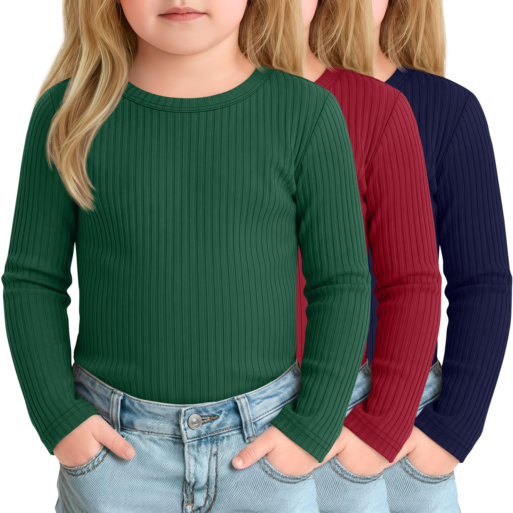 3 Pack Toddler Girl Shirts Long Sleeve Ribbed Tops