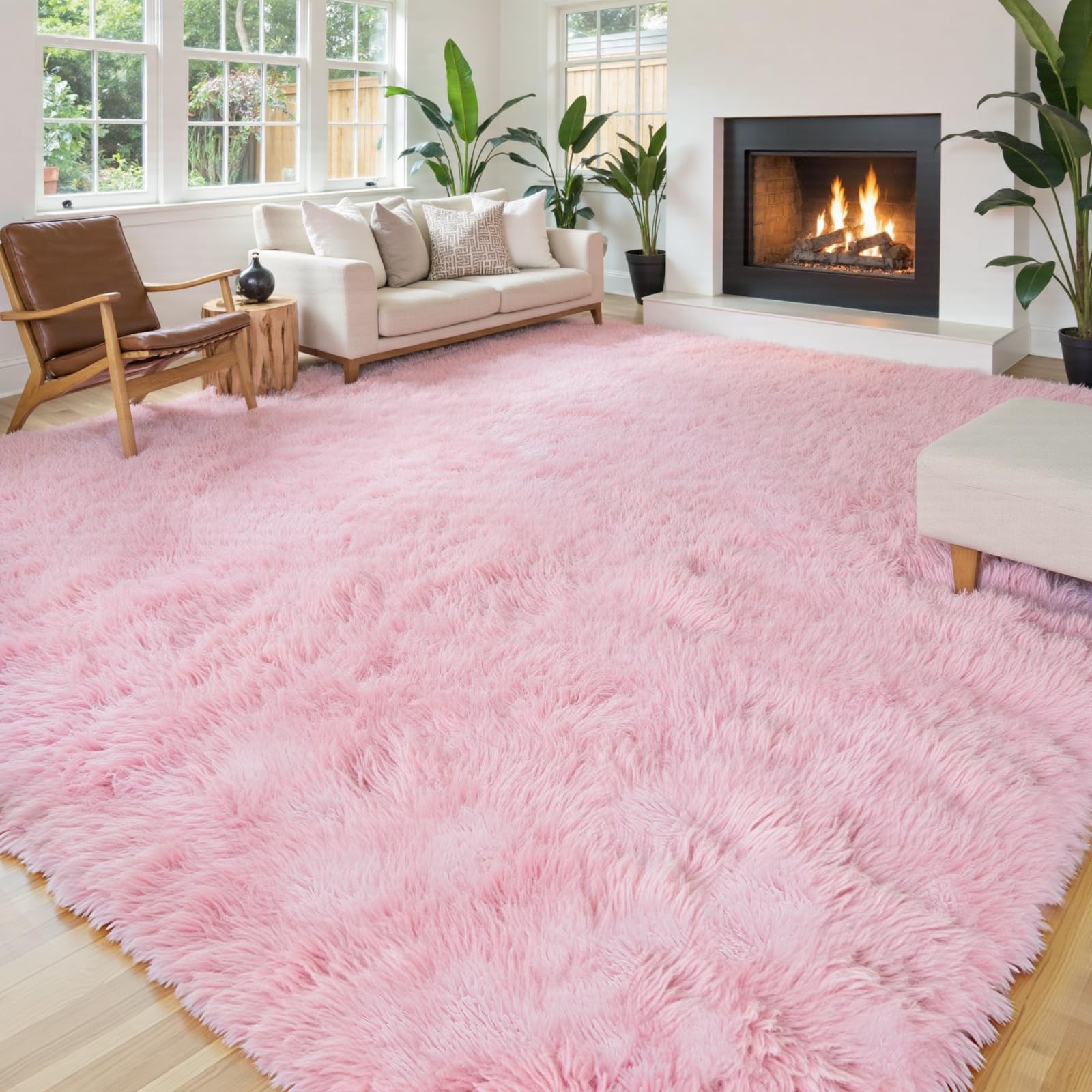 Area Rugs 9x12 Living Room, Pink Large Area Rug Shag Shaggy Carpet Soft Plush Furry Bedside Rug, Machine Washable Area Rugs for Bedroom Kids Girls