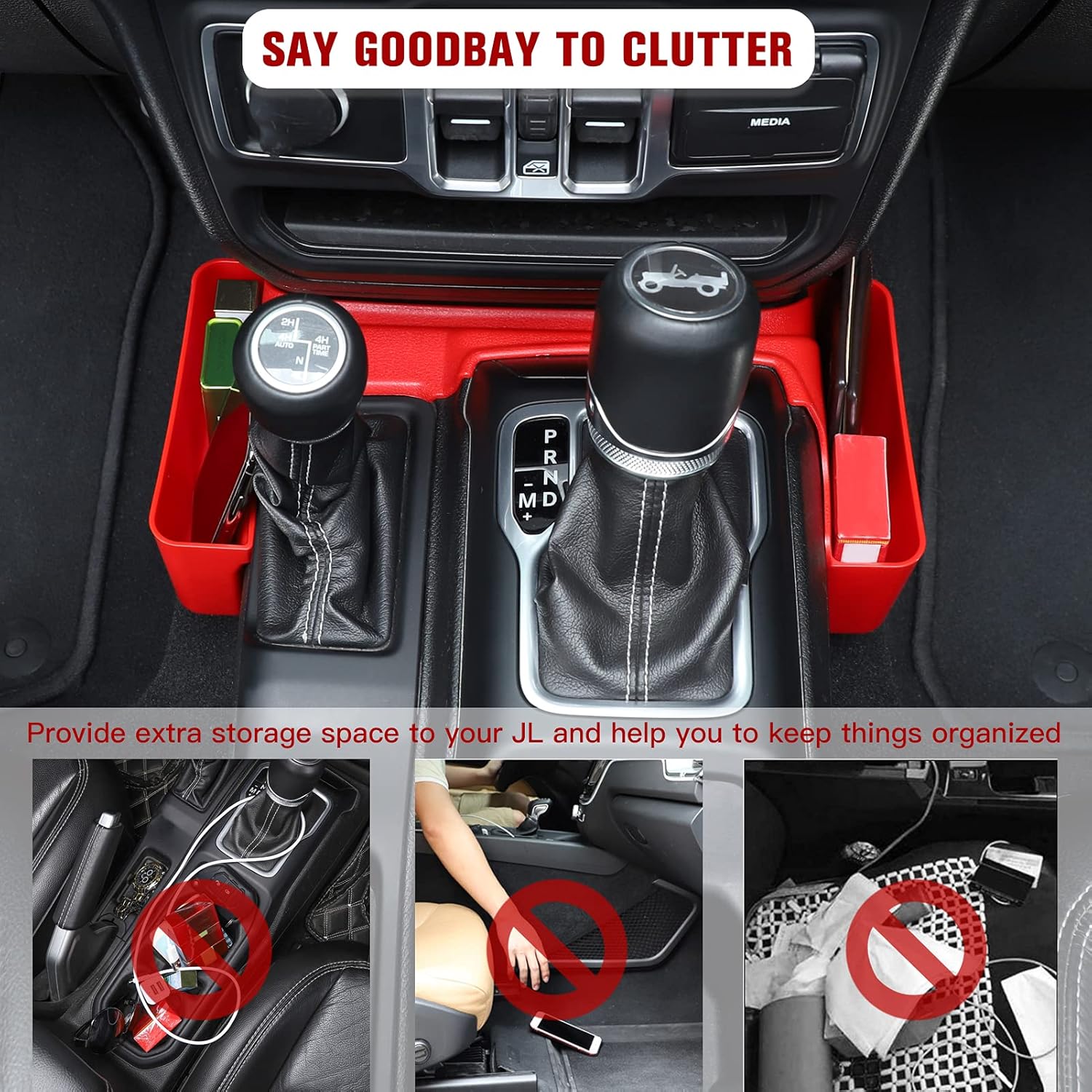 JeCar Center Console Gear Shift Tray Storage Box Organizer Bins for 2018-2024 Jeep Wrangler JL Gladiator JT (Red)