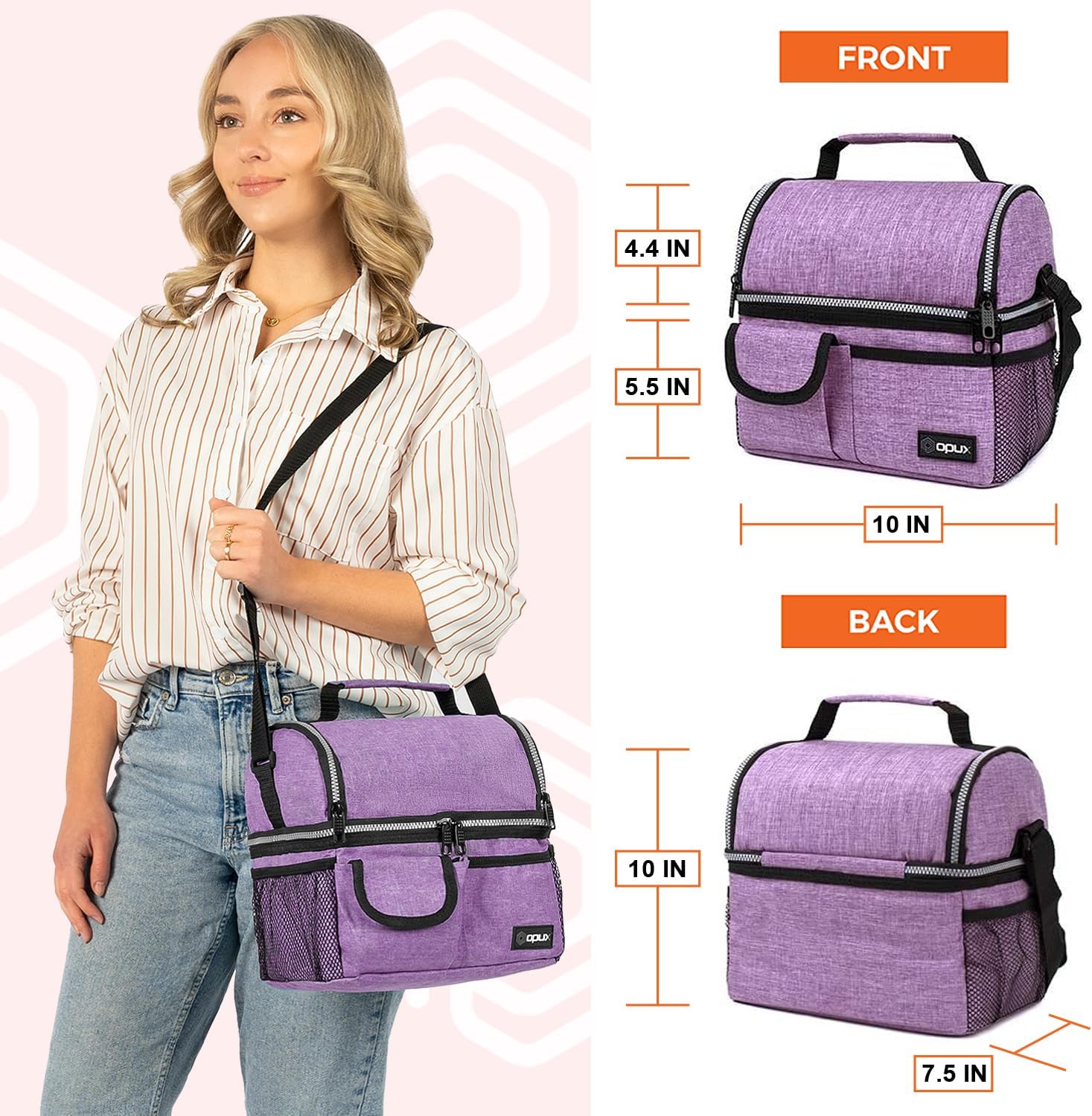 opux Lunch Bag Women Insulated, Adult Lunch Box Cooler, Lunch Box for Men, Dual Compartment Lunchbox for Work, Leakproof Double Decker Lunch Bag, Soft Lunch Pail Tote Girls Boys Kids School, Purple - Image 3
