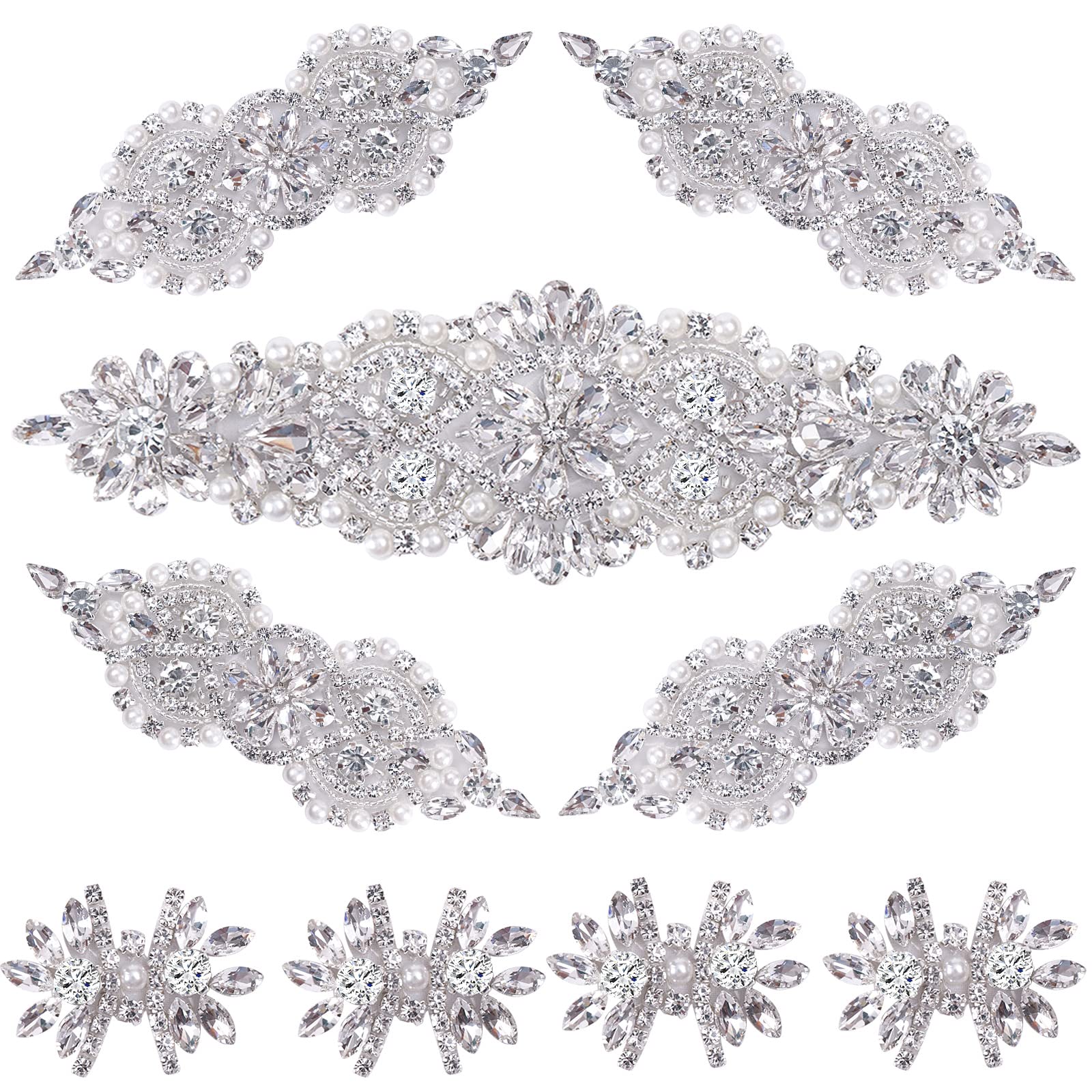 BINBE 9 Pack Rhinestone Applique Crystal Wedding Applique Iron on Patch Applique DIY Sewing Appliques for Bridal Wedding Dress Clothes Shoes Decoration Handmade Wedding Accessories(Silver)