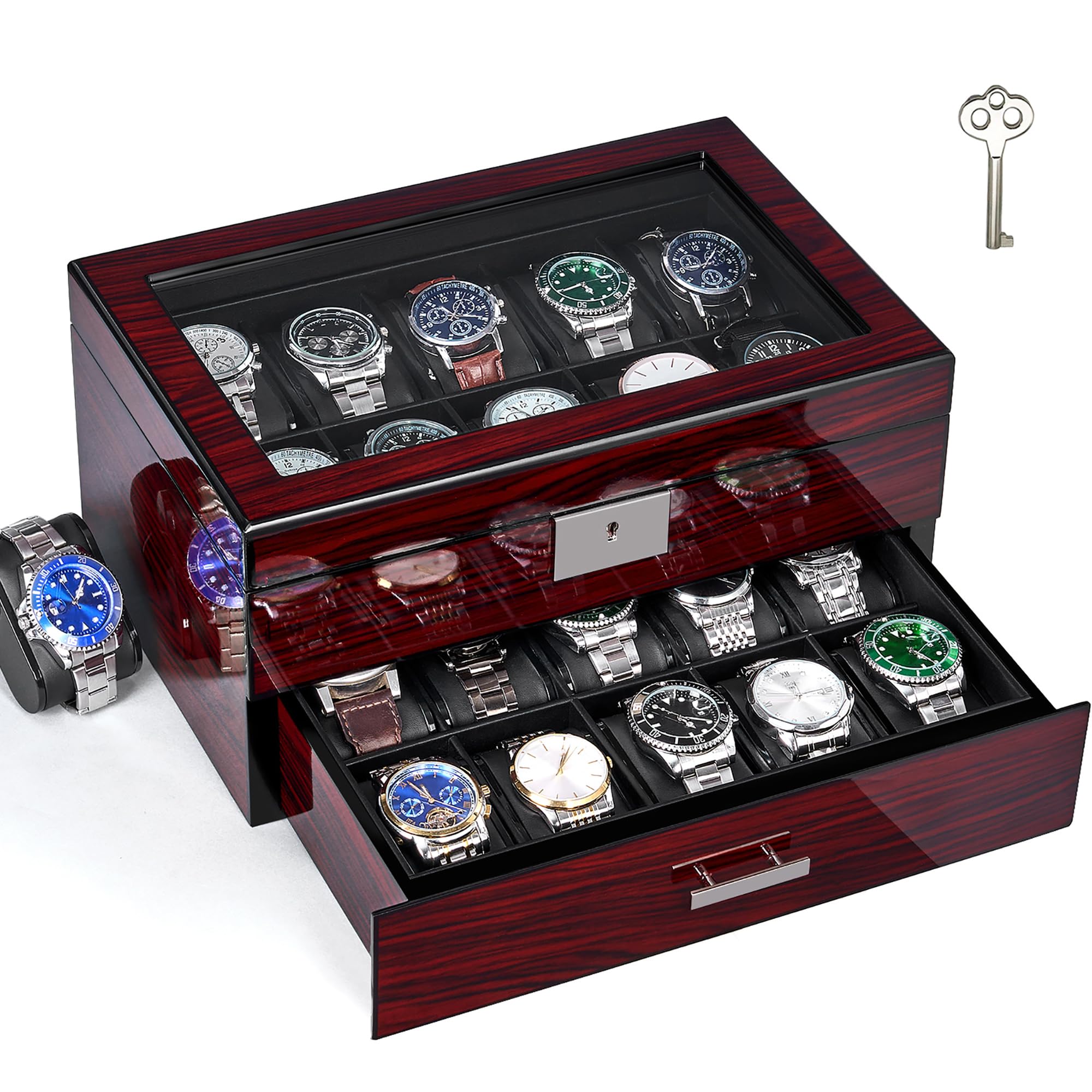 ANWBROADANWBROAD Watch Box for Men with 20 Slots Watch Case with Lockable 2 Layer with Glass Lid Watch Display for Rings Bracelets Necklaces Gift Idea JWB002Y
