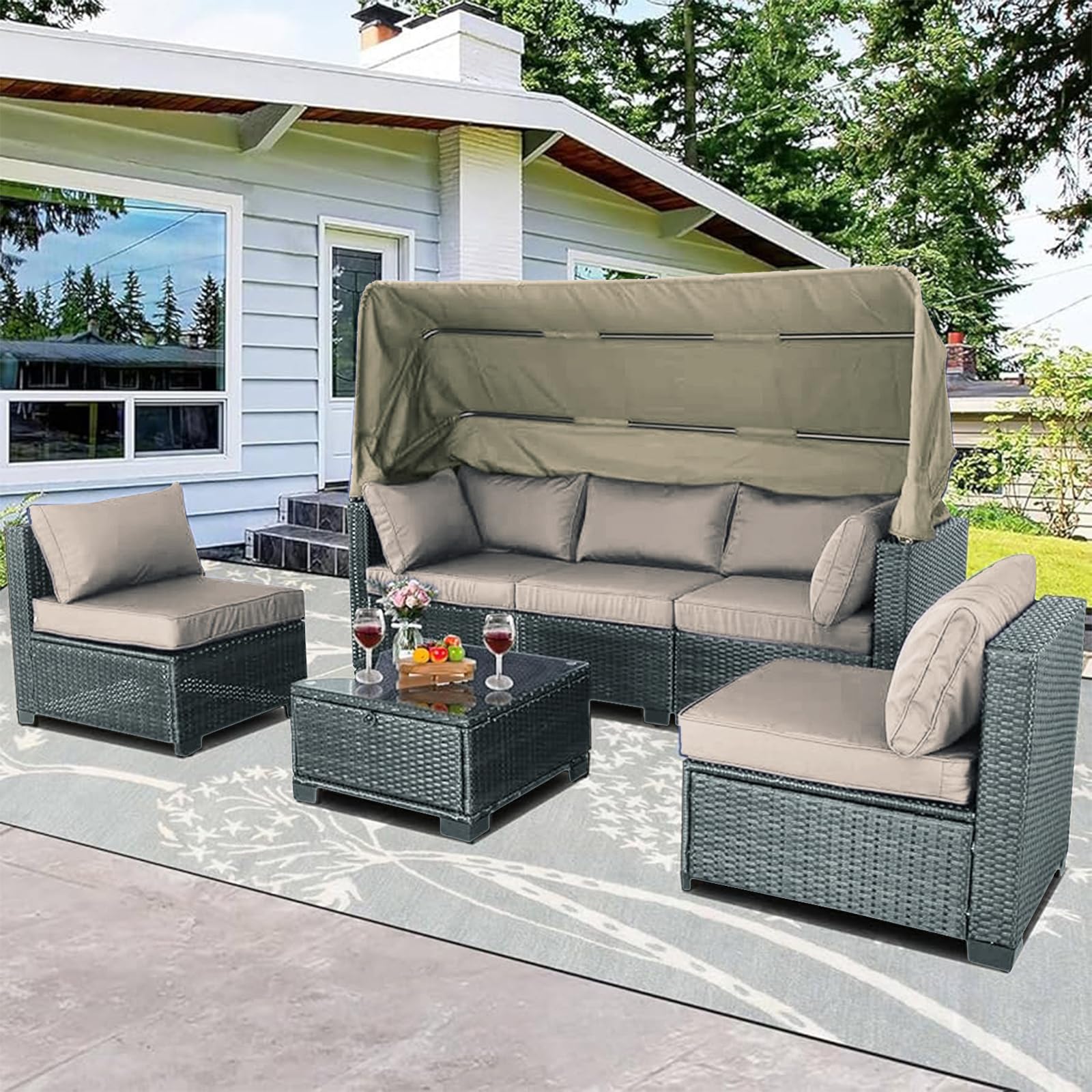 HTI living Loungemöbel Grau/Beige 6-teiliges Set Outdoor Sofa Gartenlounge Gartensofa