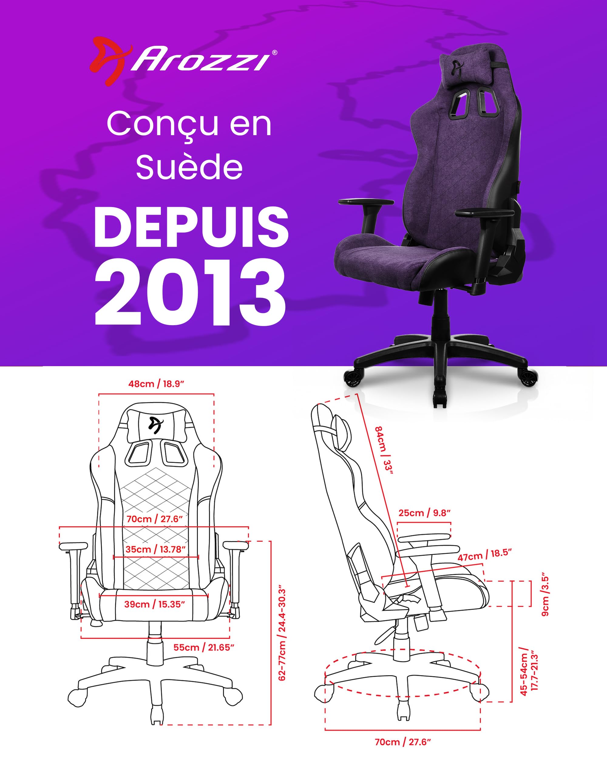 Arozzi Avanti Chaise Gaming Tissu Doux Violet | ergonomique, réglable en hauteur, dossier & accoudoirs, coussin de tête, design suédois, télétravail