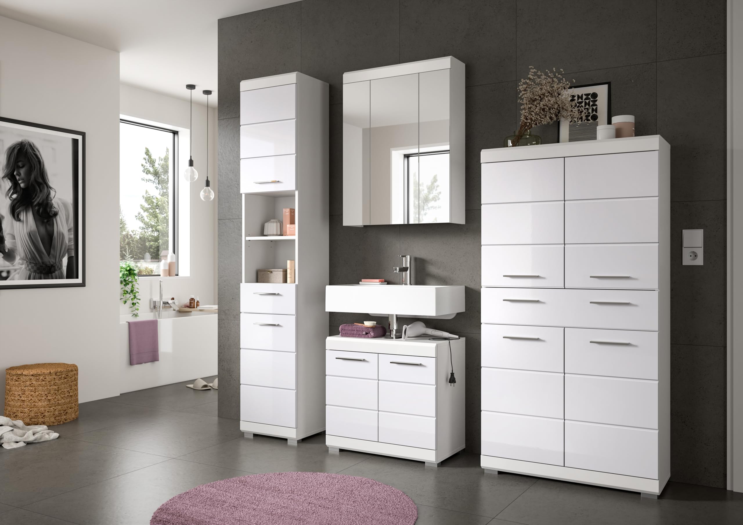 xonox.home - Badmidischrank Scout 74x141x31 cm in weiß und weiß Hochglanz - Badset Badmöbel Badezimmerkombination - Pflegeleichte Oberfläche einfache Montage – Bild 5