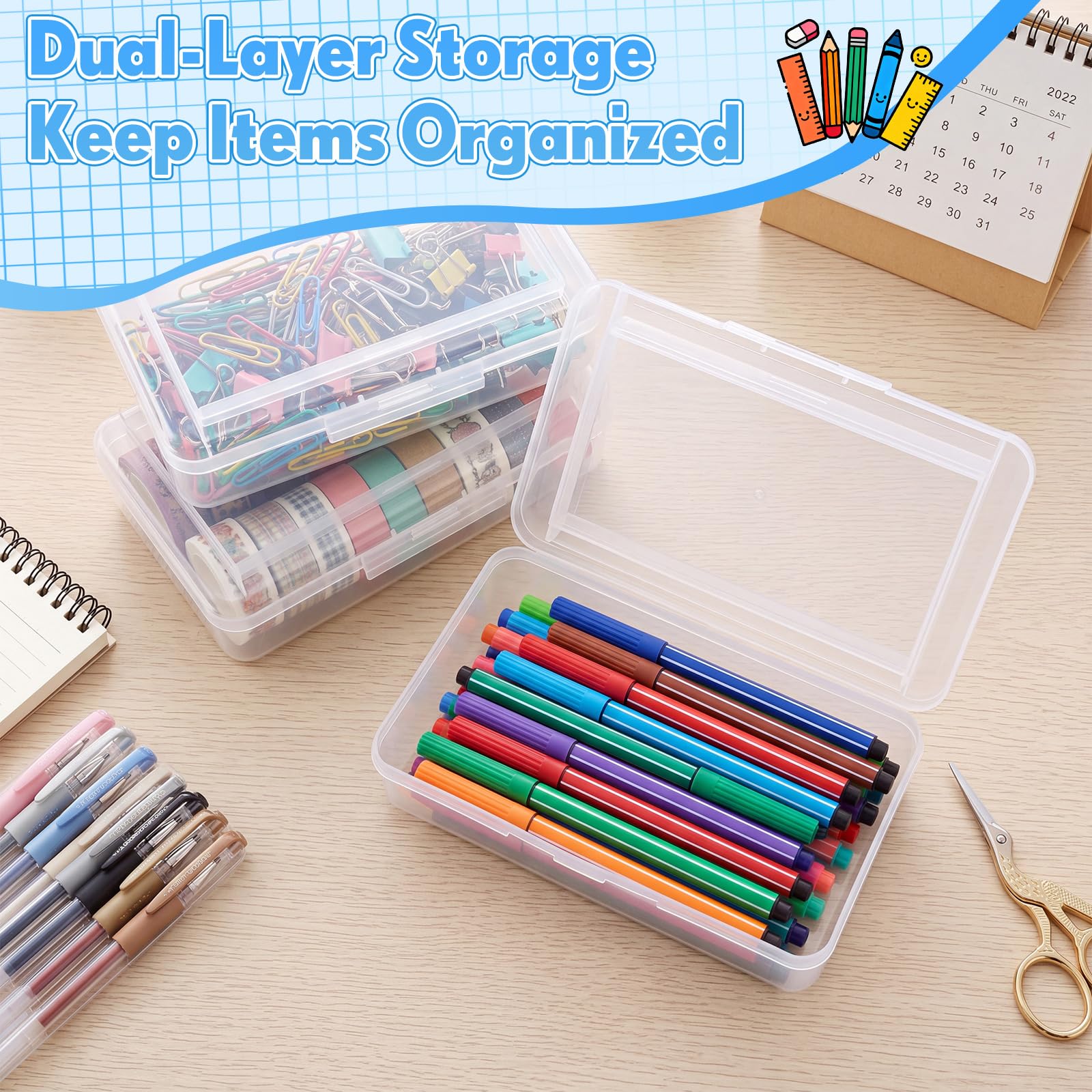 Blulu Confezione da 25 astucci a doppio strato, 20 x 12,4 x 5,8 cm, in plastica, con coperchio a scatto, design impilabile, per scuola, ufficio, organizzazione (trasparente)