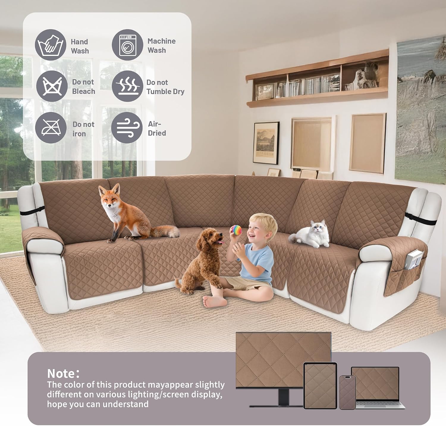 Waterproof Sectional Reclining Couch Covers L Shaped Recliner Sectional Sofa Cover 7 Piece Non Slip Washable Corner Recliner Slipcover Set for Pet Dog (5 Seater Cover, Pale Coffee)