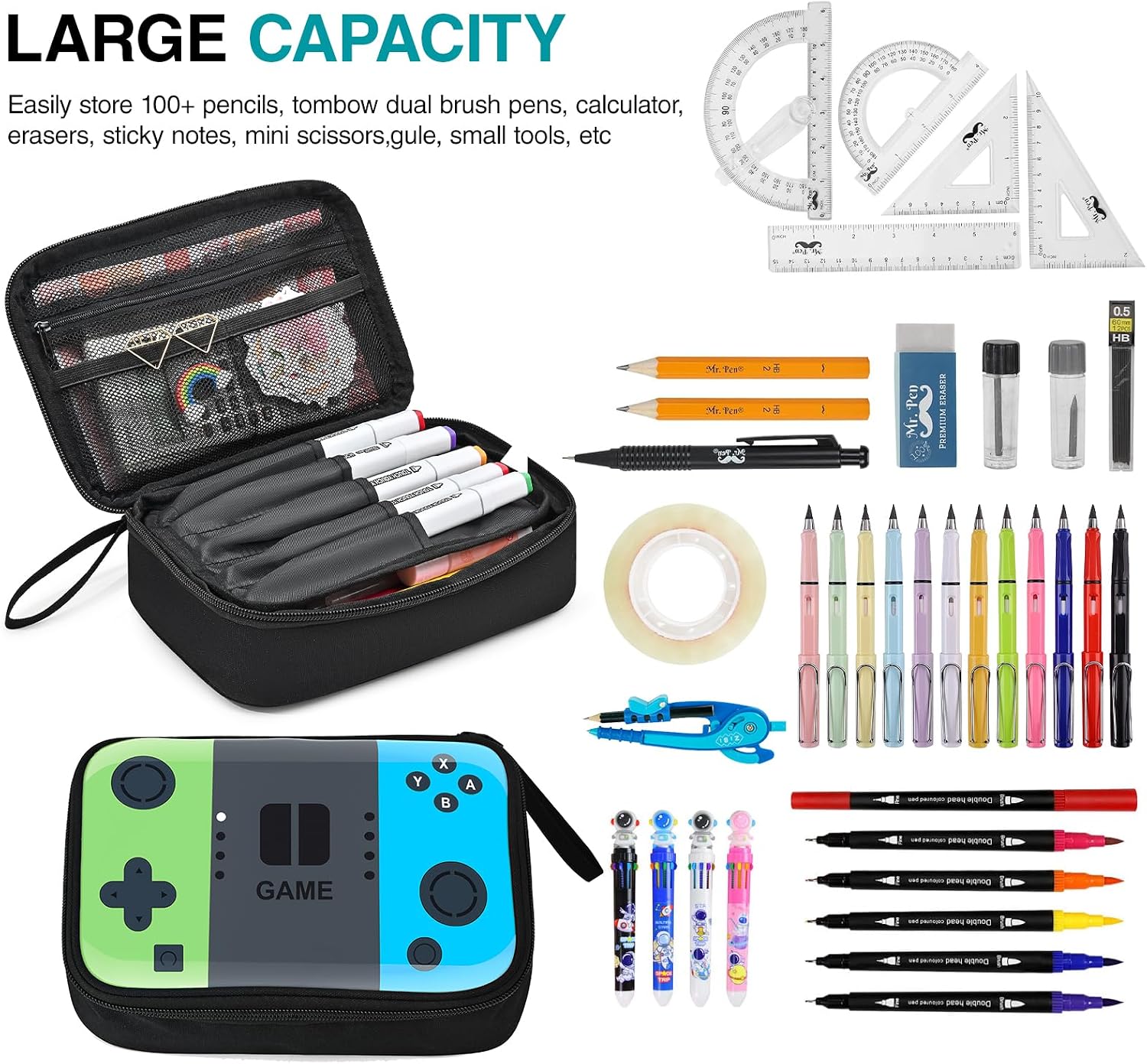 Gamer Pencil Case for Boys, Large Cute Pencil Pouch for Kids Teens with Handle, Sturdy School Supplies Marker Pen Organizer, Big Pen Box Pouch Pencil Bag for Art Office Student School Supply