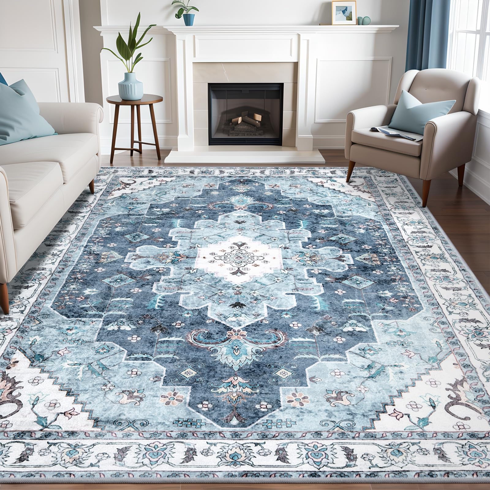 SERISSA Boho 8x10 Area Rugs Blue, Washable Vintage Large Living Room Rug Non-Slip, Ultra Soft Oriental Print Distressed Traditional Farmhouse Carpet for Dining Room Bedroom Dorm Office Home Decor
