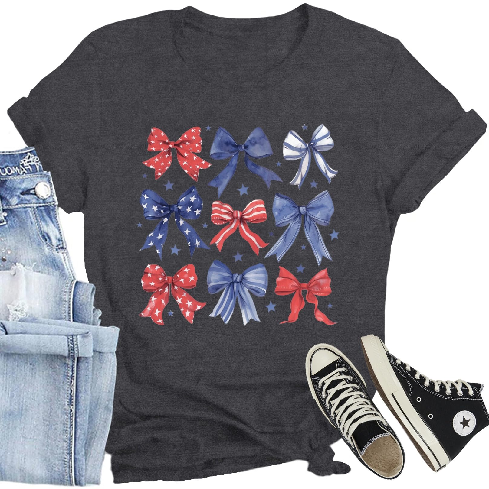 CQF Women American Flag Patriotic T-Shirts Cute USA Bow Flag Shirts Happy 4th of July Tee Tops