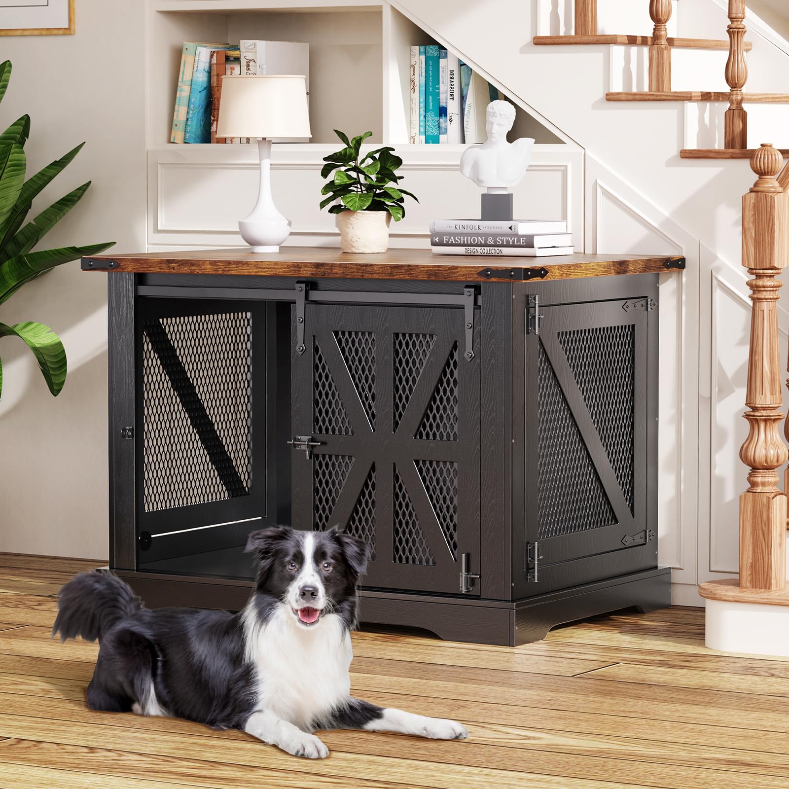 Hundekäfig Möbel, 100 cm Holzhundebox, Dreitüriger Hundekäfig, Schiebetüren, Modernes Hundezimmer für den Innenbereich, für Kleine und Mittelgroße Hunde, Verstärkte Konstruktion, 100x65x67cm, Schwarz